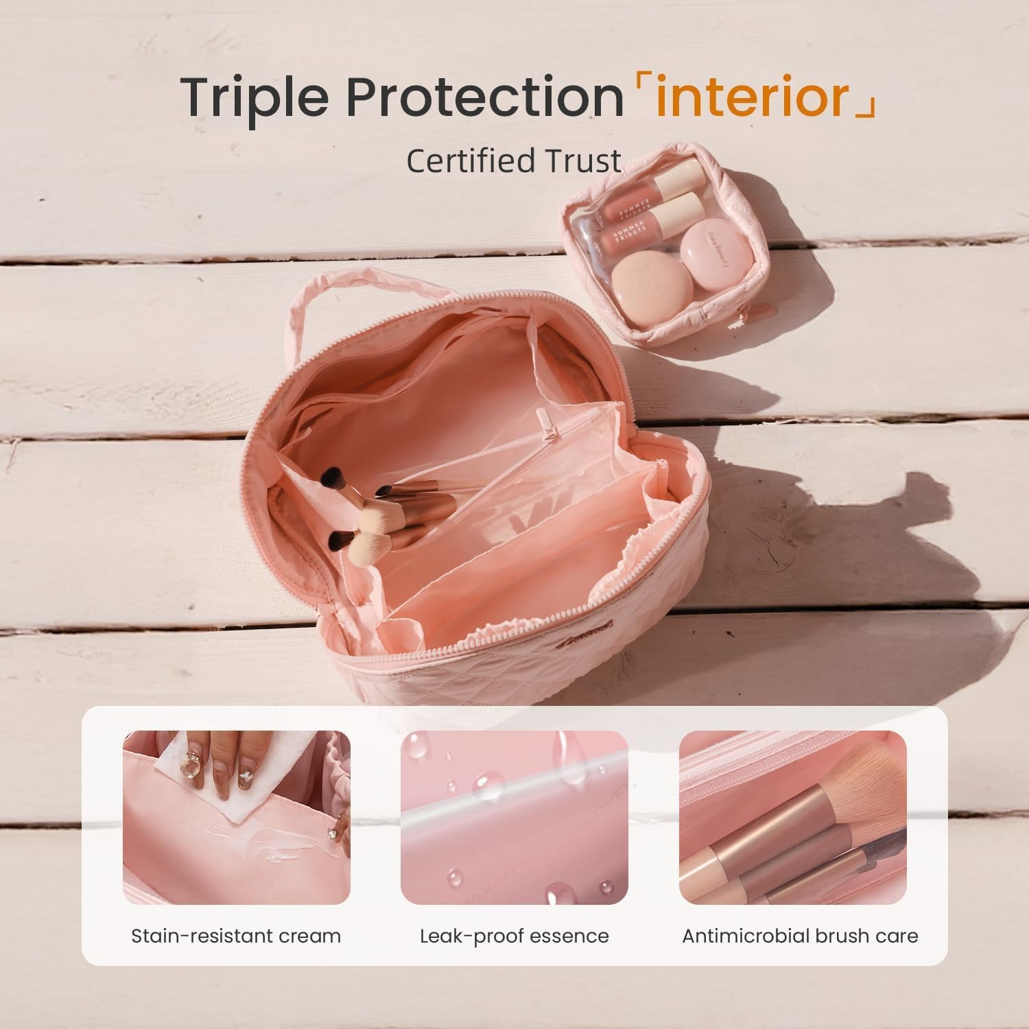 Kawlxpp Petition Makeup Bag for Women, Wide Open Lay-Flat Large Capacity Travel Cosmetic Case with Compartments, Water-Resistant Puffy Organizer for Toiletries & Brushes (Black, 4L) - Pink image number 4