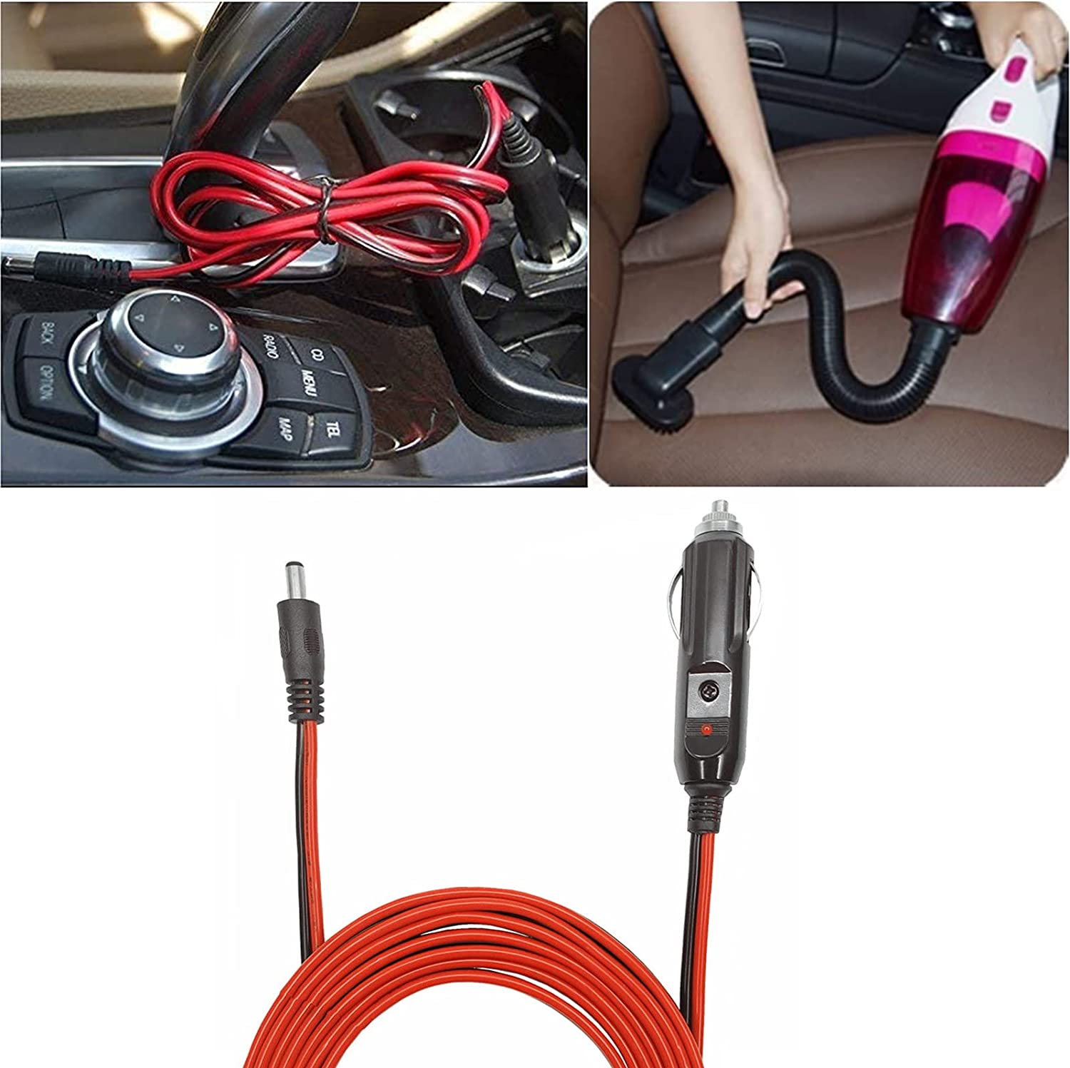 DC 5.5 X 2.1Mm Connector Car Charger Power Supply Cord 10Ft - 12V 24V Cigarette Lighter Male Plug with LED Light 16AWG Wire 15A Fuse for Portable DVD Player, Car, Camera image number 3