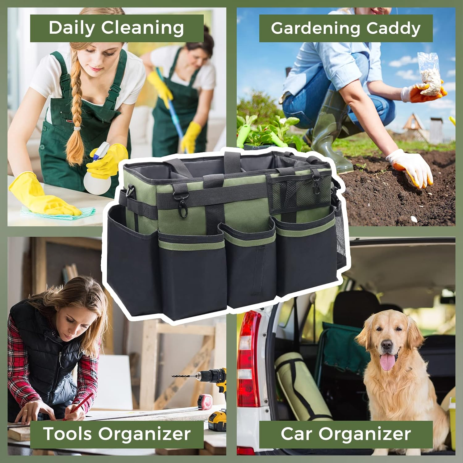 SCAVATA Wearable Cleaning Caddy, Cleaning Caddy Supplies Organizer with Handle & Shoulder Straps for Housekeepers, under Sink & Car Cleaning Tool Organizers Bags with Multiple Compartments, Green image number 4