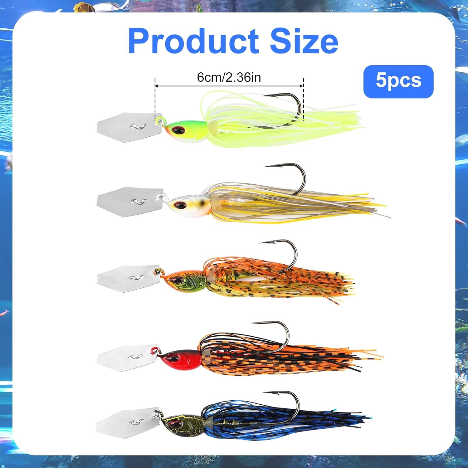 5Pcs Bladed Jig Fishing Lures, Multicolored Fishing Hook with Skirt Vibrating Fishing Lures Sharp Fishing Lures Jig Heads for Pike Bass Trout Walleye image number 4