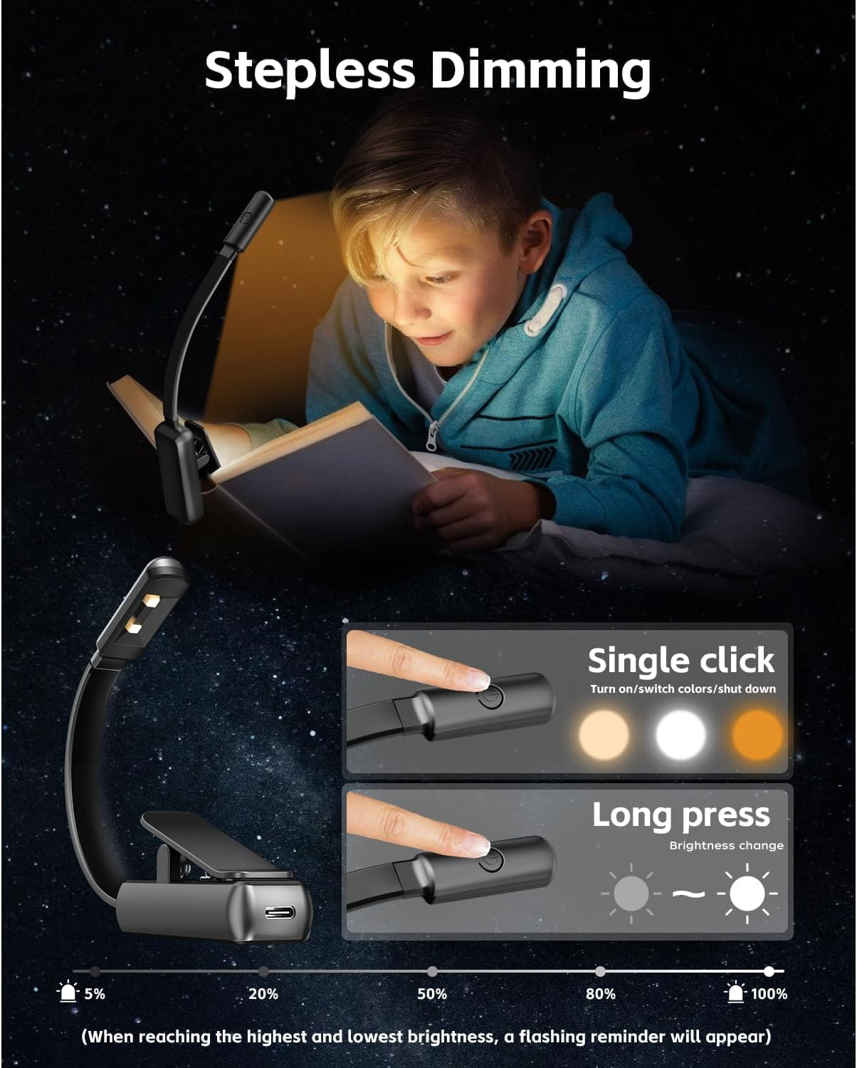 Book Light for Reading in Bed, Clip on Book Lamp with Stepless Dimming & 3 Colour Modes, Lightweight Battery Operated Clip-On Light for Kindle, Travel, Desk(Black) - Black image number 6