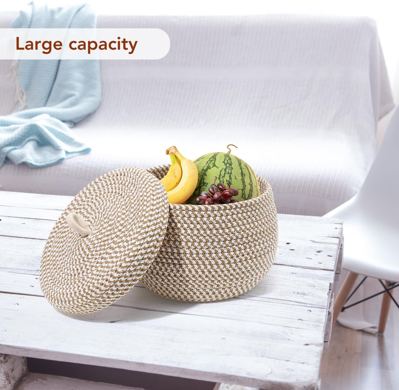 POPETPOP Cotton Rope Storage Basket with Lid round Woven Baskets for Home Organization Decorative Cotton Rope Holder for Snacks Cosmetics Sundries Stylish Storage for Any Room image number 3