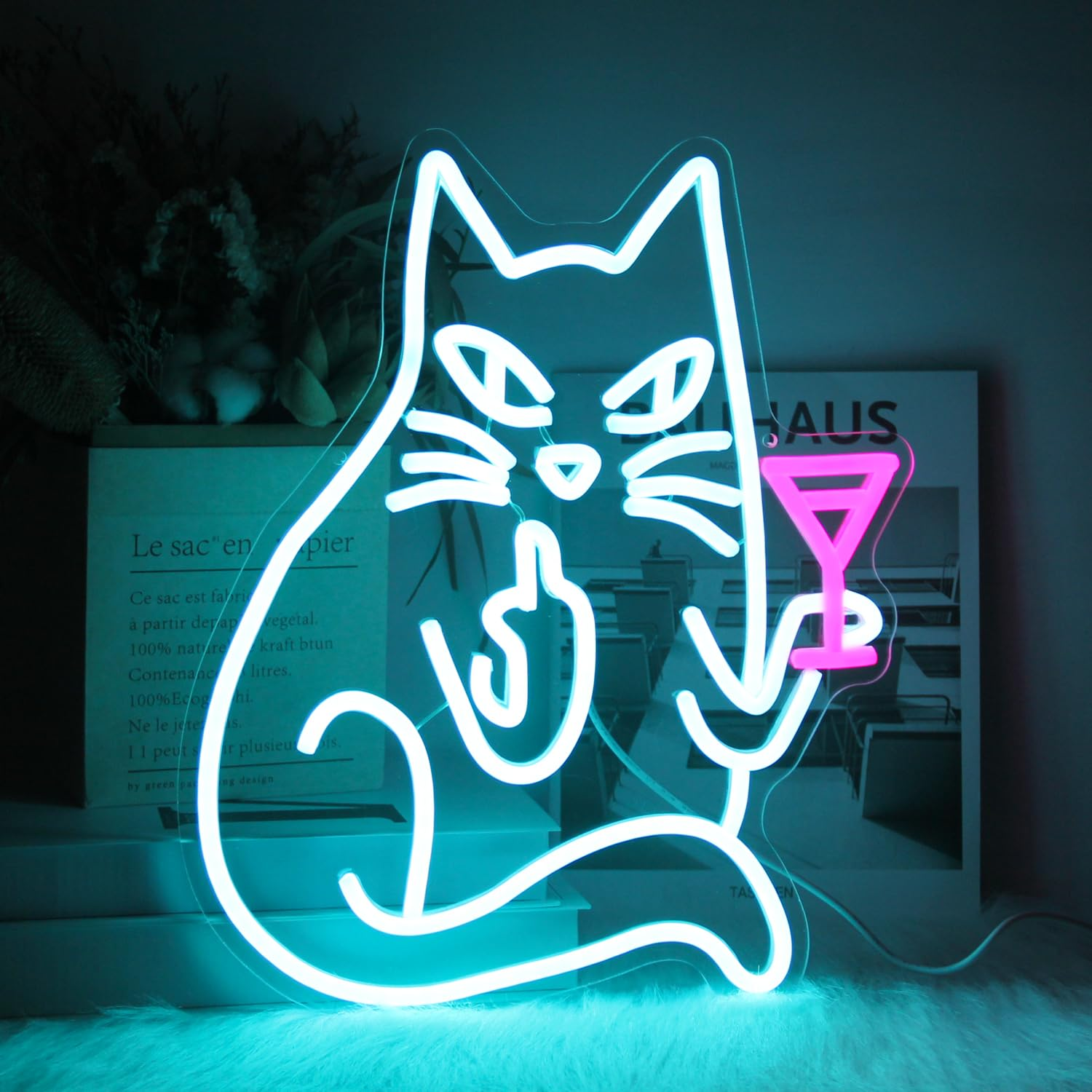 CKTBLEY Cat Drink Wine Neon Sign Funny Animal Bar Neon Signs for Wall Decor Cool Cat Neon Light Blue Pink Acrylic LED Neon Lights Signs for Bedroom Bar Man Cave Game Room Party Decor