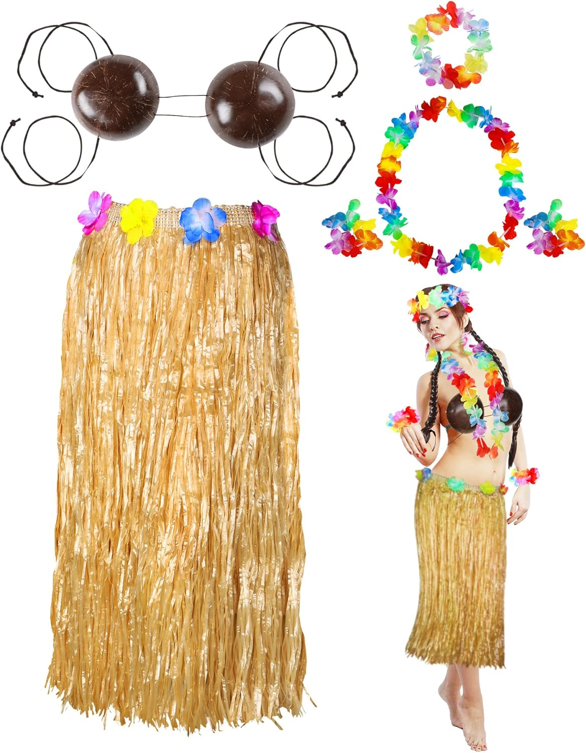 6 Pcs Coconut Bra Hawaiian Grass Hula Skirt Costume Set 31.5 Inch Dance Leis Outfit for Women Luau Party Supplies