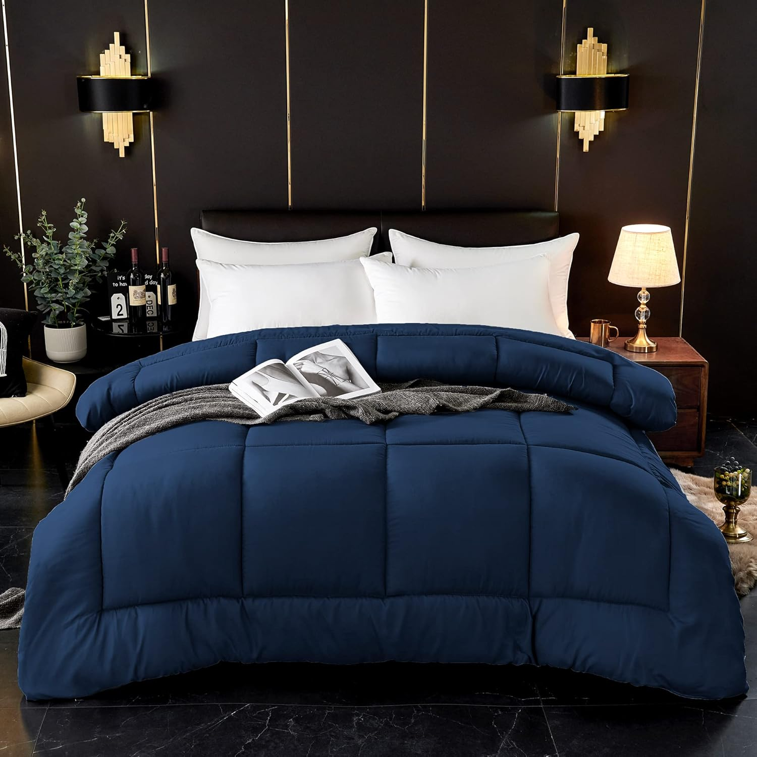 Comfywell Super King Duvet &ndash; Plain Quilt Comforter Bedspreads, Coverlets & Sets, 2 Pillowcases Warm and anti Allergy All Season Coverless Duvet, Throws for Bed.(Super King (220X260Cm), Navy Blue)