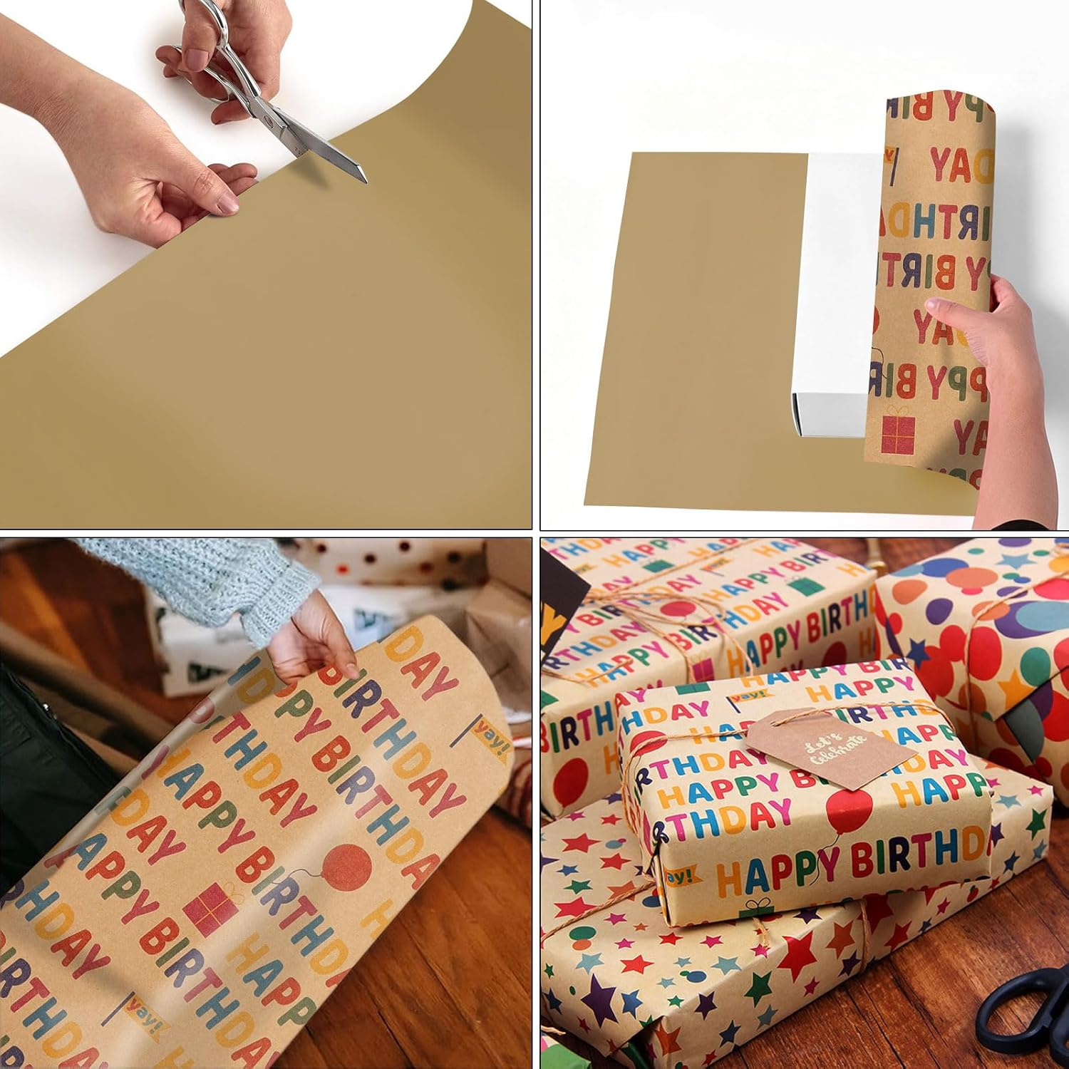 Birthday Wrapping Paper Roll &ndash; Colorful Happy Birthday Kraft Design &ndash; Thick, Wrapping Paper Birthday Gift Wrap Tear-Resistant for Gifts & Party Wrap, 43Cm Wide X 10M Long