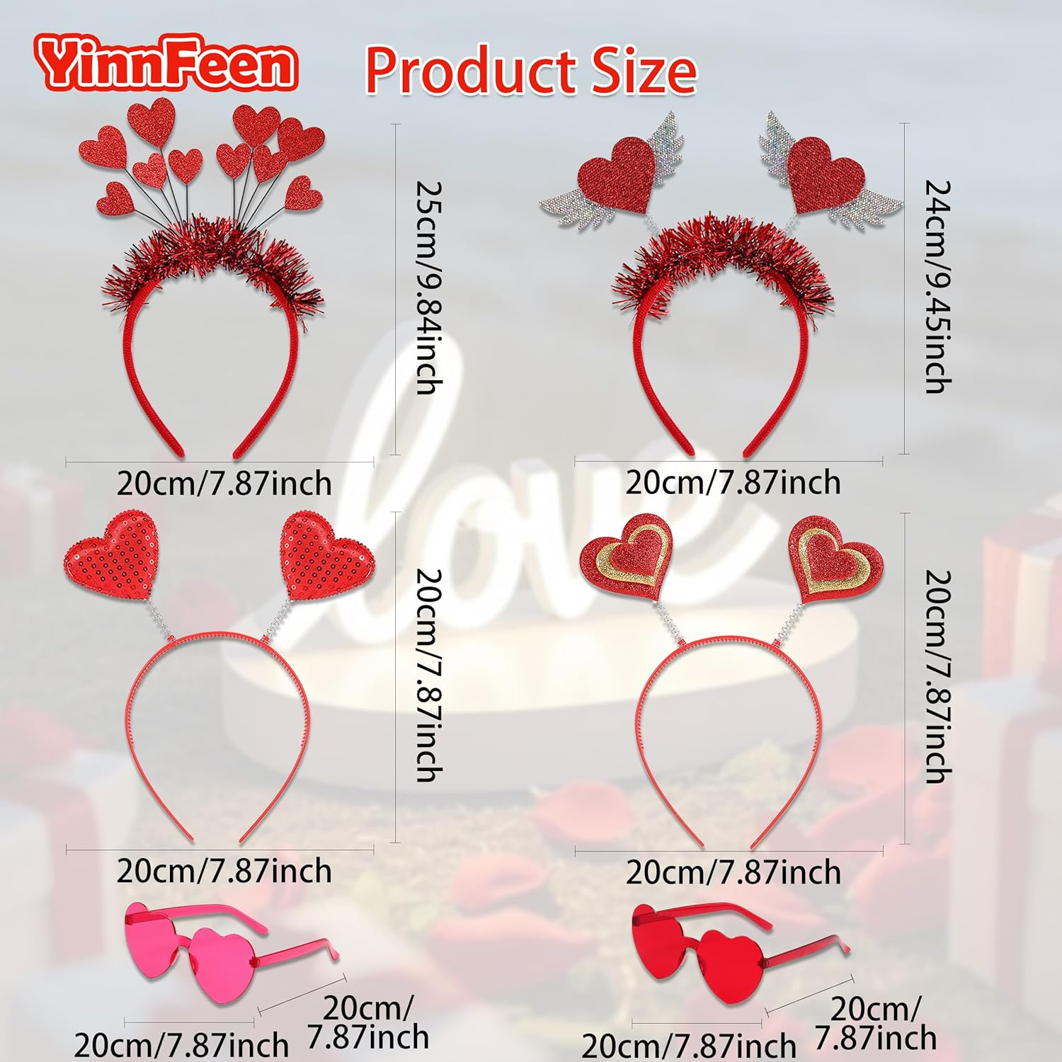 Valentines Day Headband Set, 6 Pcs Red Heart Headband and Heart Sunglasses Love Shaped Hair Hoop Headwear for Party image number 3
