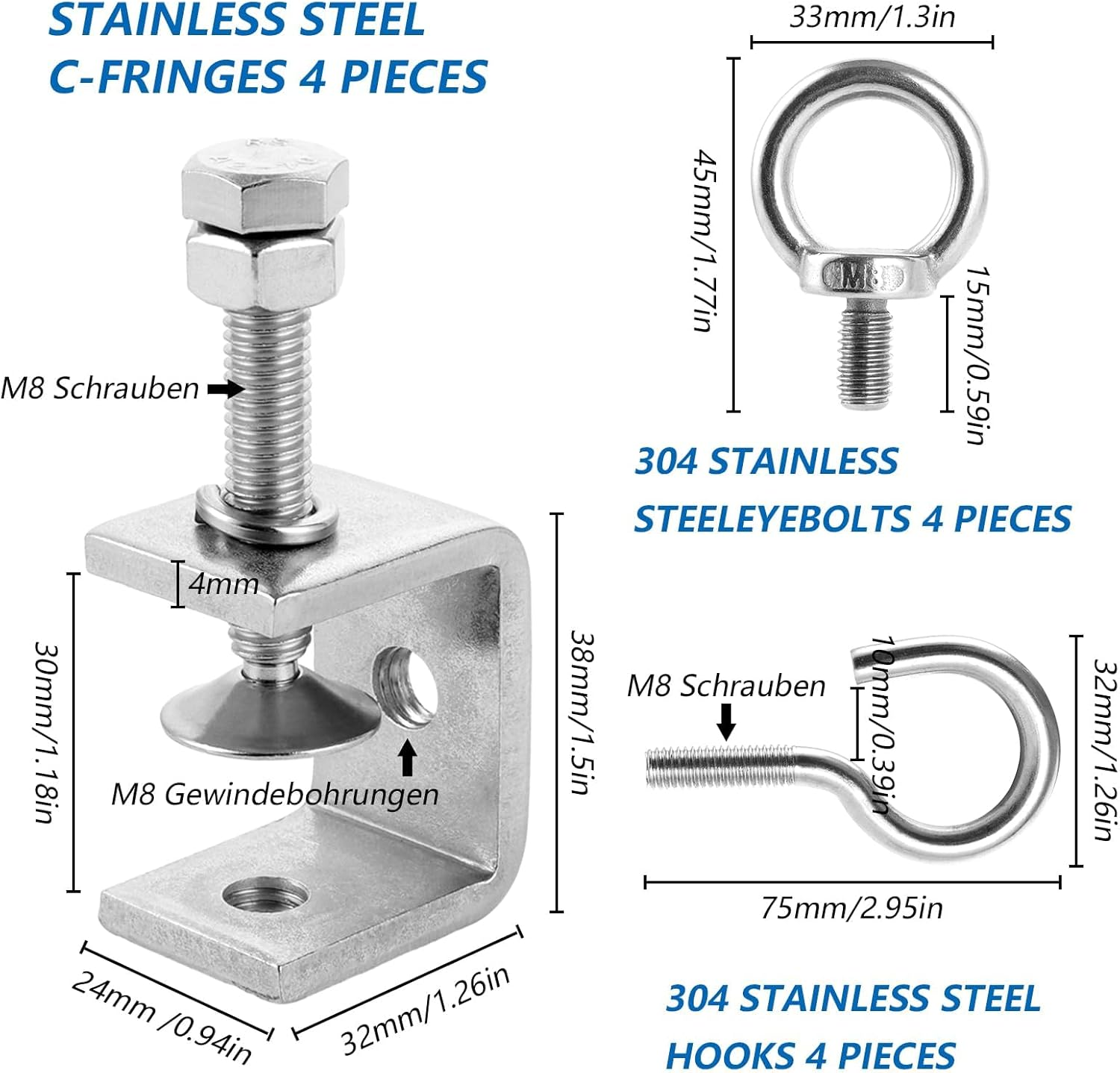 LDHHYH Pack of 4 Stainless Steel C-Clamps with Stainless Steel Hooks and Eye Bolts, C Clamp 30 Mm Clamping Range 0-25 Mm Screw Clamps, Jaw Openings for Woodwork, Welding, Carpentry image number 2