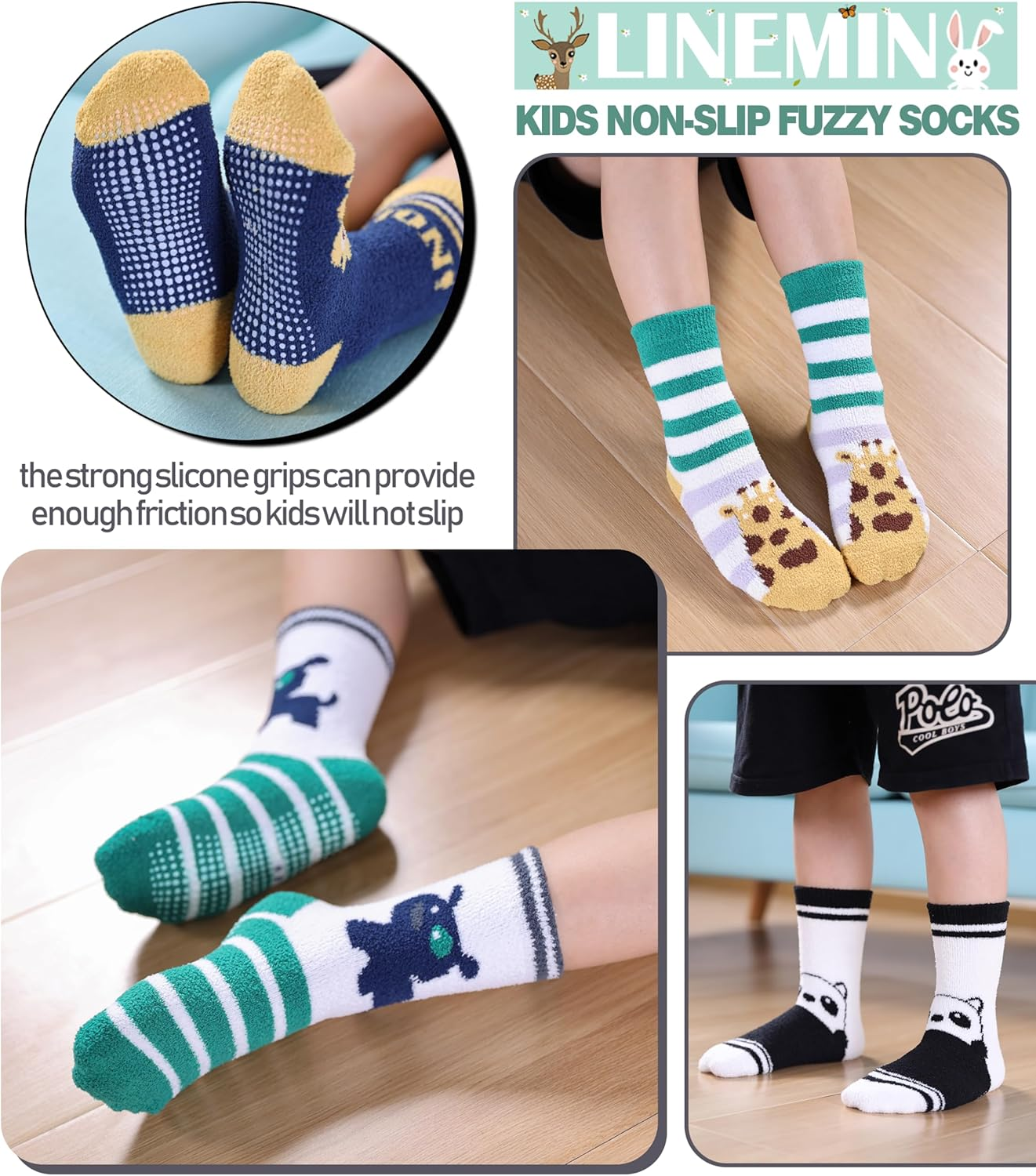 LINEMIN Kids Boys Toddlers Fuzzy Socks with Grips Cute Fun Animal Cozy Fluffy Winter Warm Non Slip Crew Socks 6 Pairs