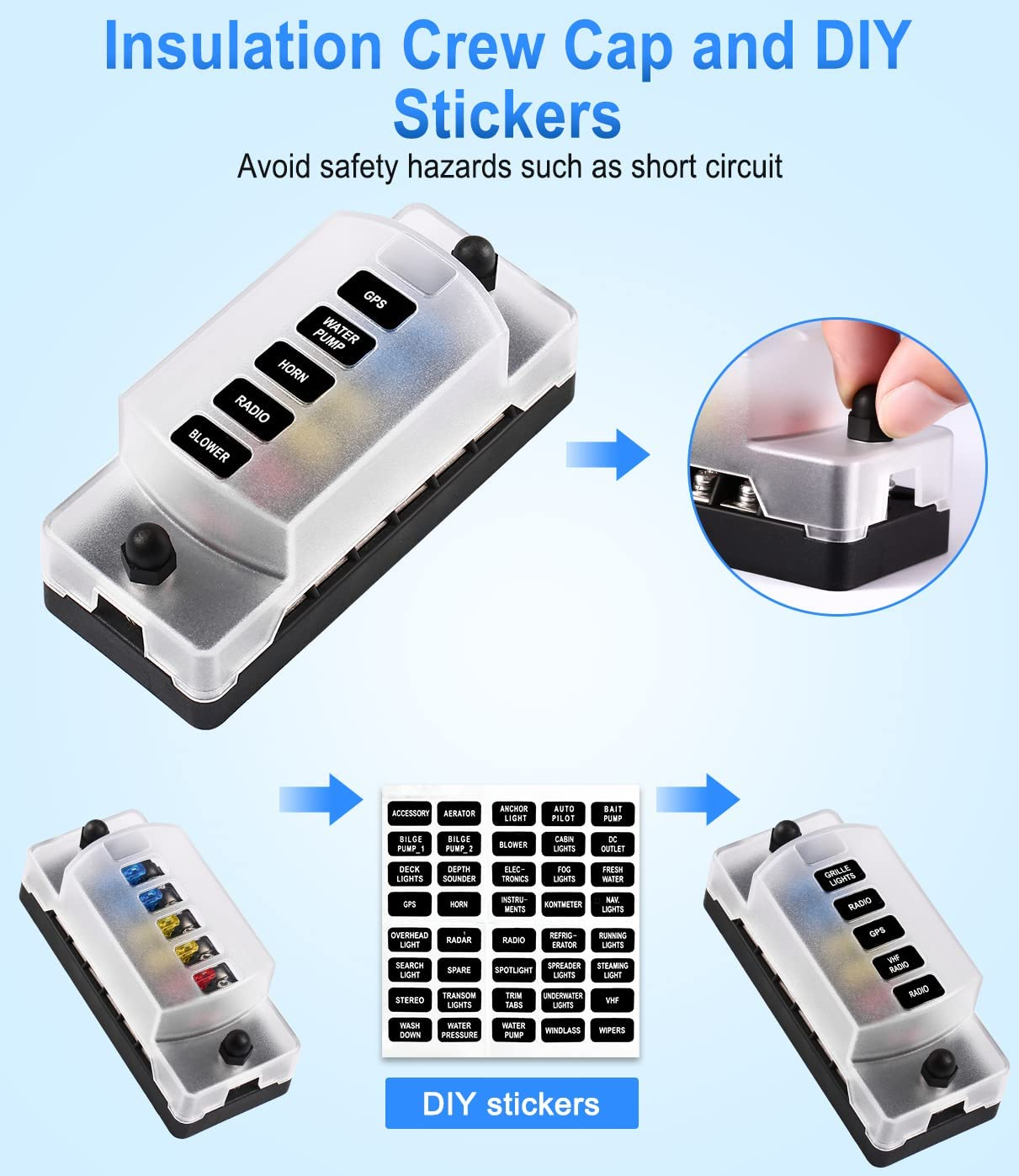 6 Way Fuse Box, 12V Blade Fuse Block with Negative Bus, Fuse Box Holder with LED Indicator ATO/ATC Fuse Panel Waterproof Cover for 12V Automotive Car, Truck, Marine Boat, RV, Trailer image number 6
