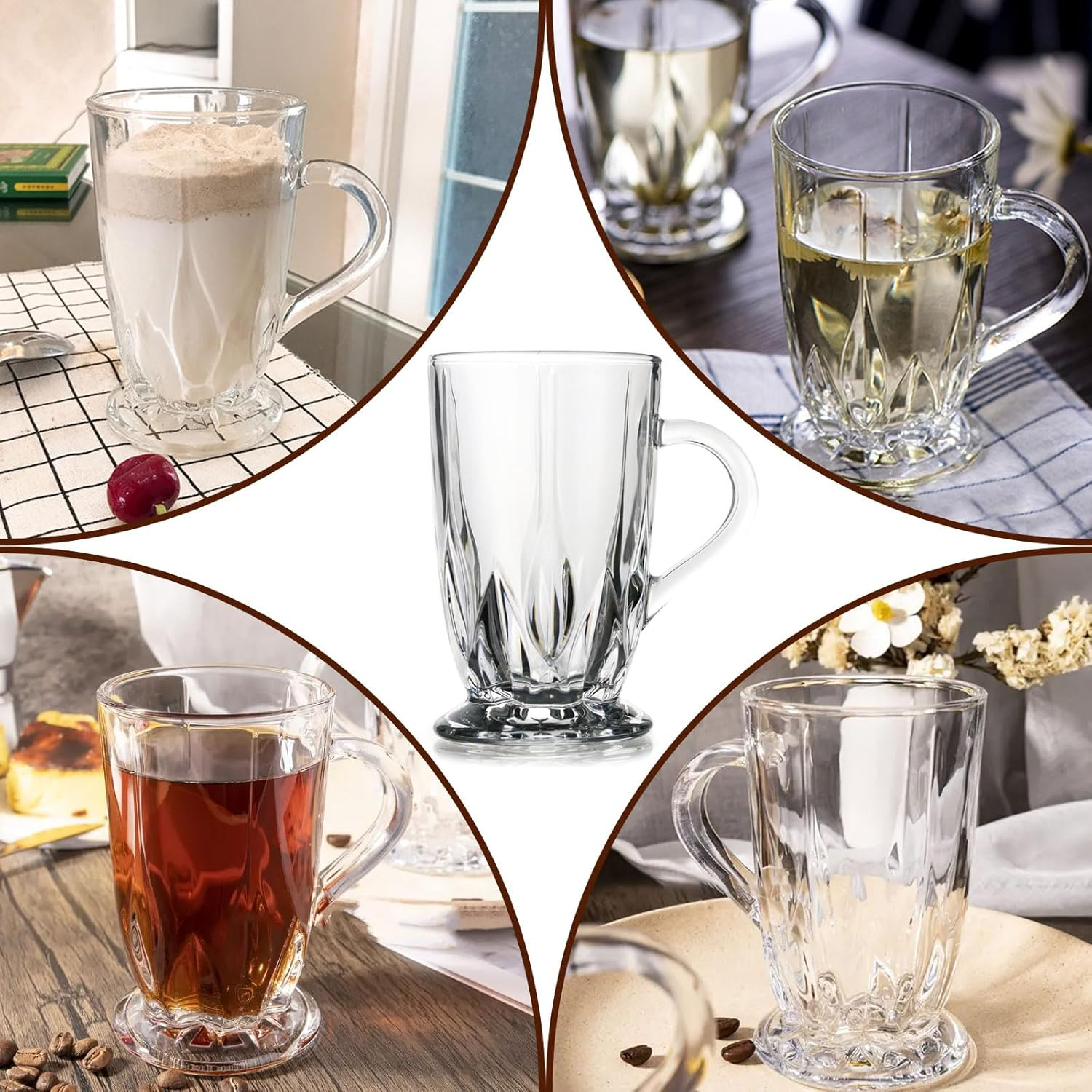 Glass Coffee Mugs Set of 6 Large Clear Durable Mugs with Handle Transparent Tea Glasses for Hot Cold Beverages
