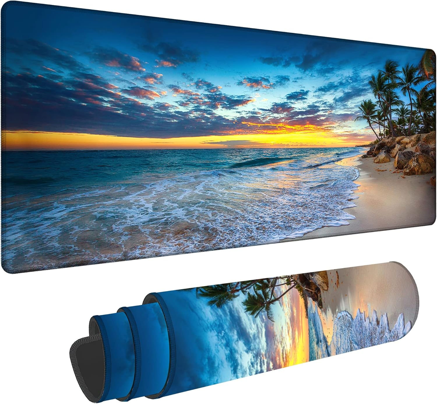 Hawaii Summer Beach Gaming Desk Mat Large,Palm Tree Sunset Extended Mousepad,Non-Slip Rubber Mouse Pad Stitched Edges,Desktop Decorative Accessories for Home Office 31.5" X 15.7" image number 1