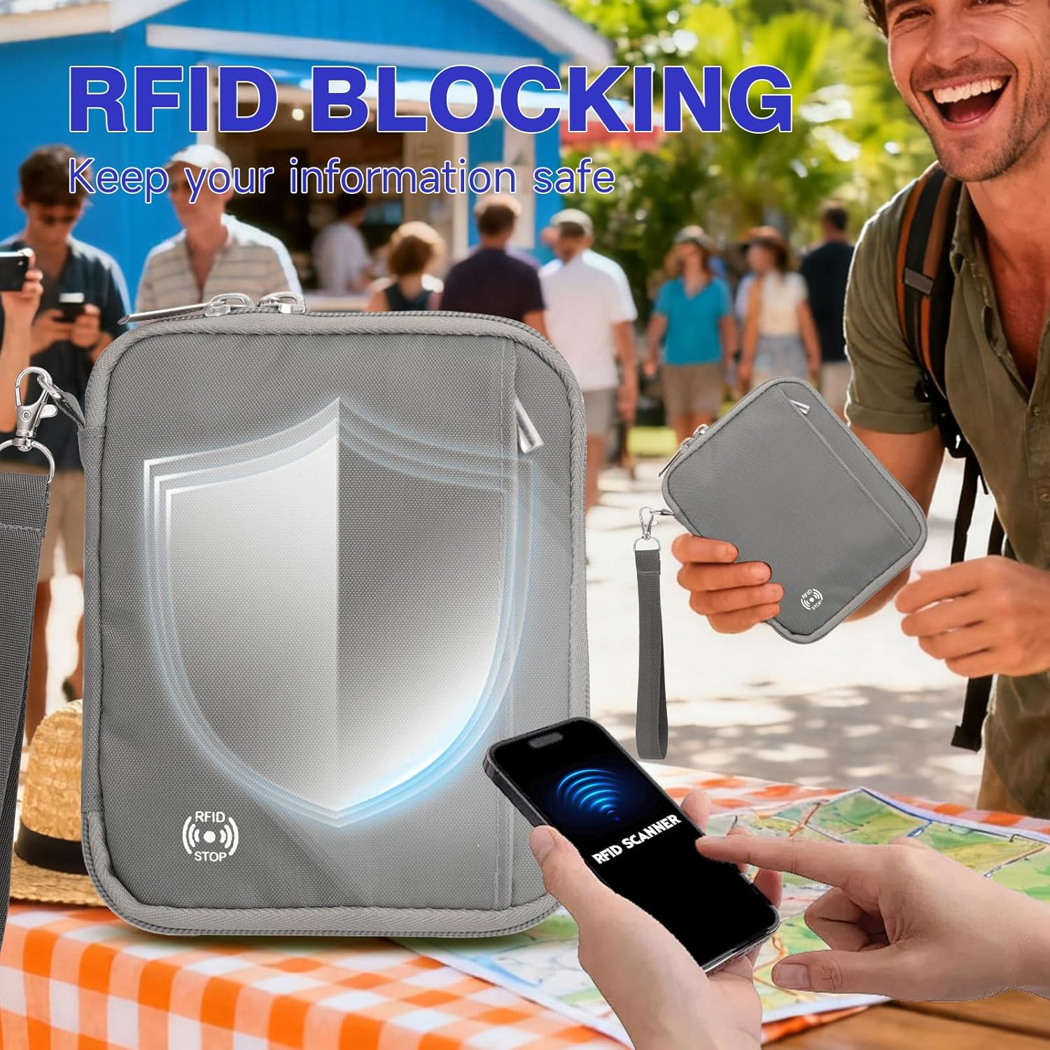 WALNEW Passport Holder for Travel - RFID Blocking Travel Wallet Essentials Organizer with Card Slots & Zipper Pocket (Gray) image number 1