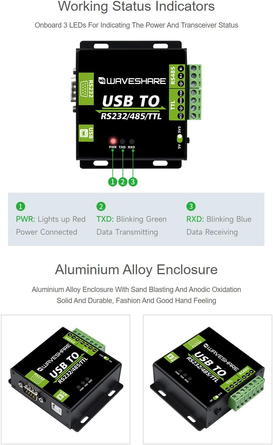 Waveshare USB to RS232 / RS485 / TTL Industrial Isolated Converter with Original FT232RL Embedded Protection Circuits and Aluminium Alloy Enclosure for Industrial Control Equipments