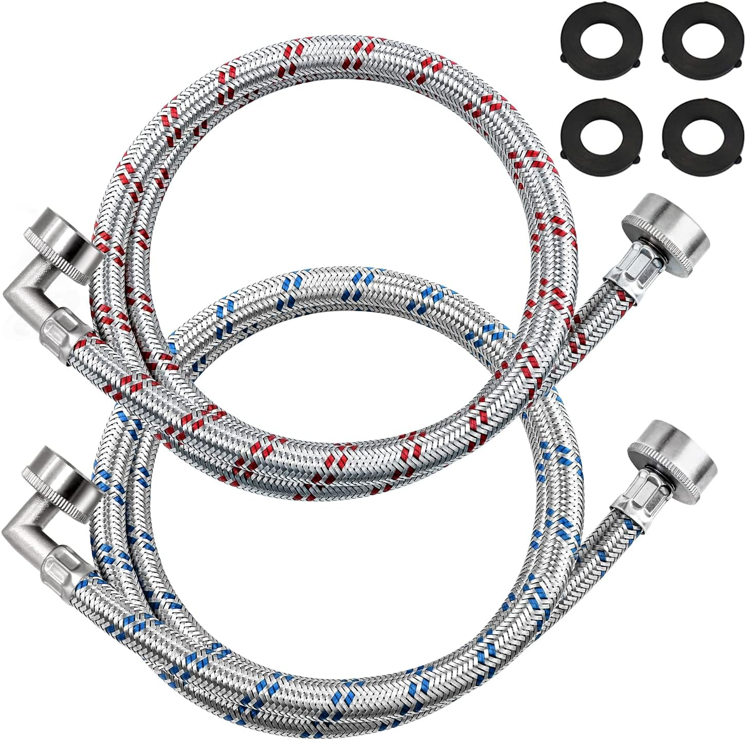 【UPGRADED】4FT Stainless Steel Washer Hoses with 90 Degree Elbows by Beaquicy - 2 Pack No-Lead Burst Proof Hot & Cold Water Connection Inlet Washer Supply Lines image number 3