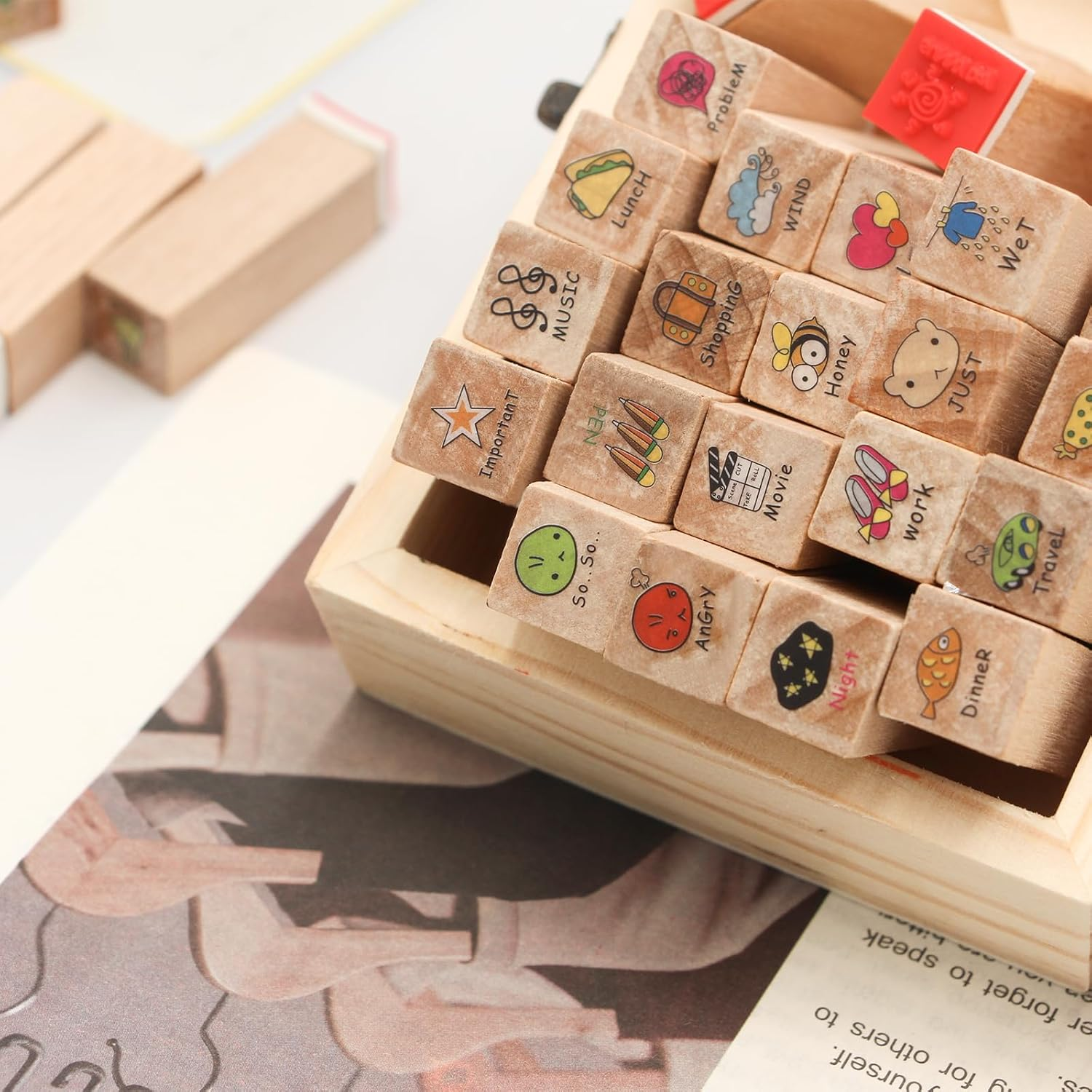 SONGER 40PCS Cute Mini Wood Rubber Stamp Set DIY Diary Scrapbook Stamp Set, Art Stamps for Scrapbook, DIY Card Making, Bullet Journals and Arts & Craft Decoration Supplies image number 3