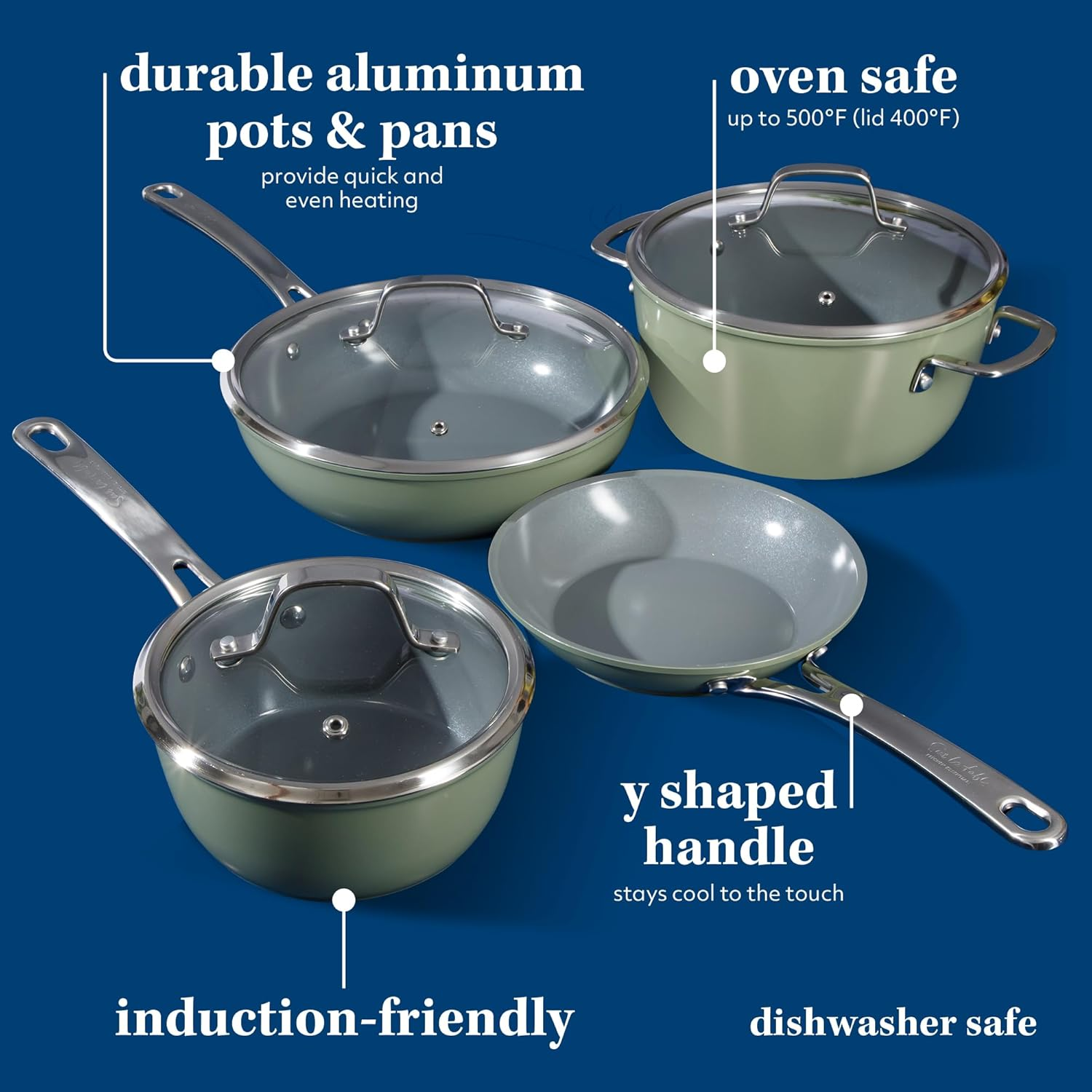 Sur La Table Kitchen Essentials 10 Piece PFA Free Titanium Ceramic Nonstick Interior Forged Aluminum Cookware Pots and Pans Set - Green - Induction Compatible