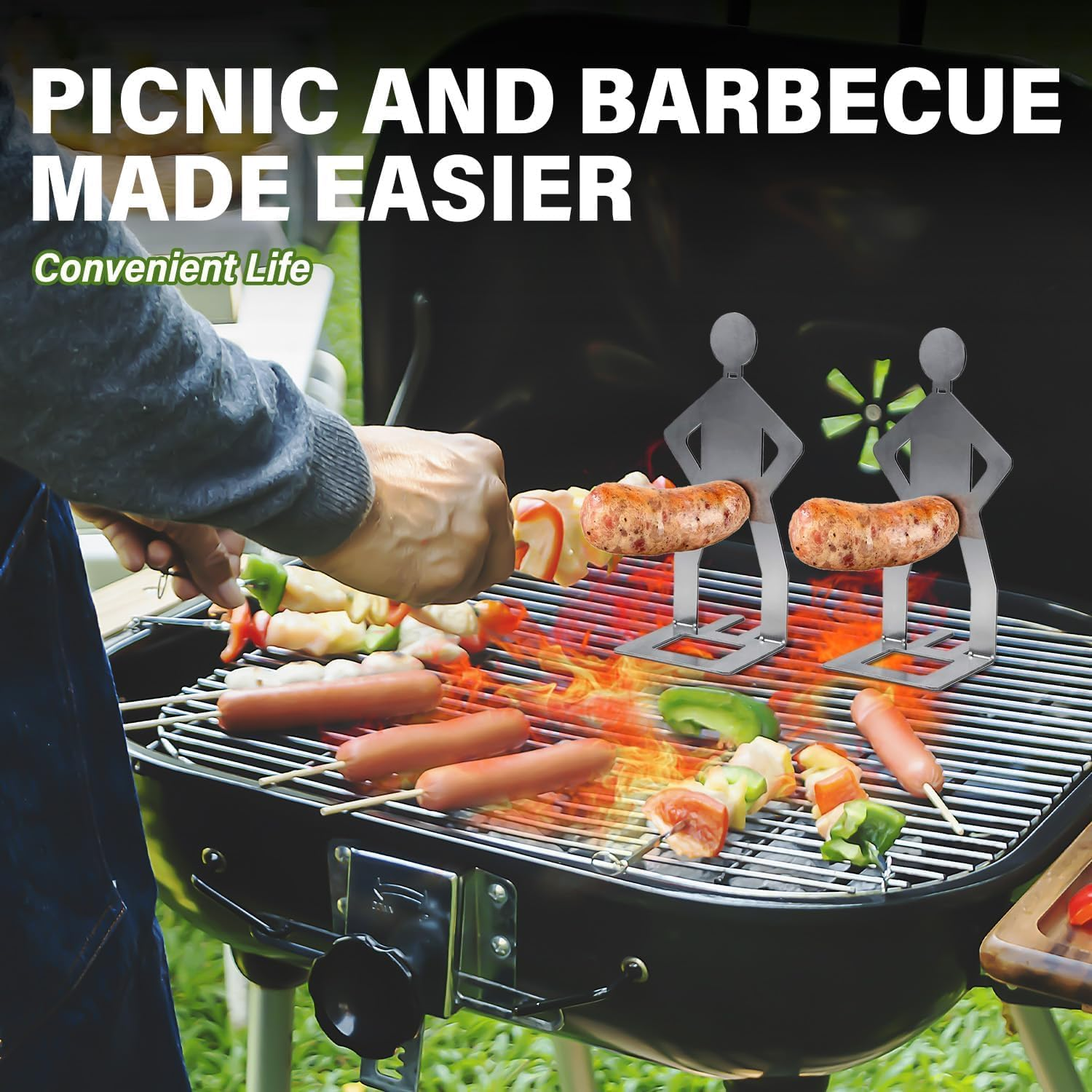 HOLDAWN 2 Pack Stainless Steel Snag BBQ Stand, Funny Men Shape Sausage Grill for Camping, Beach & Backyard image number 3