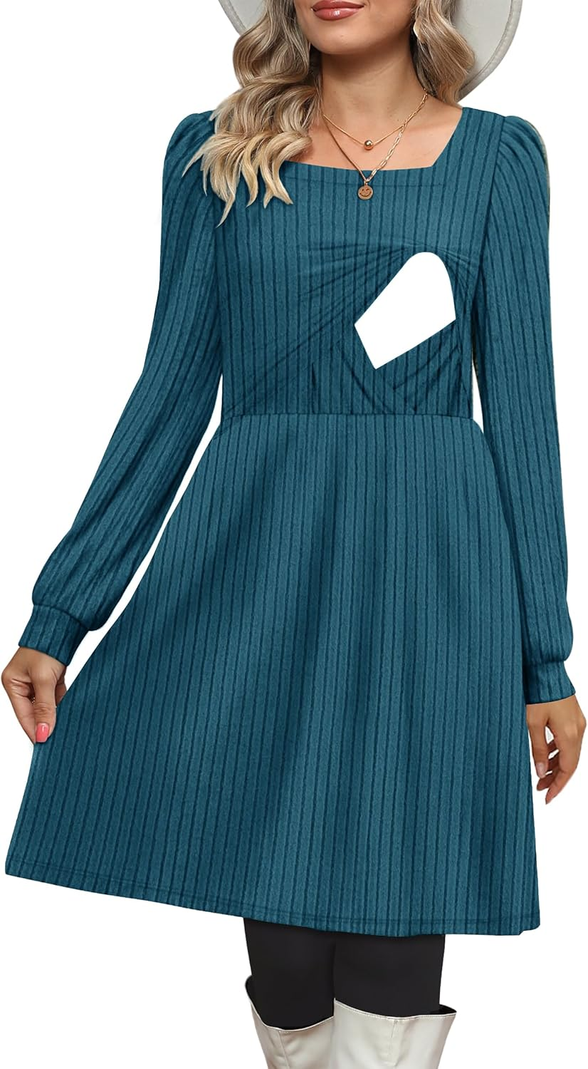 Womens Nursing Fall Dresses Square Neck Long Sleeve Winter Knit Sweater Dress 2024 with Pockets image number 2