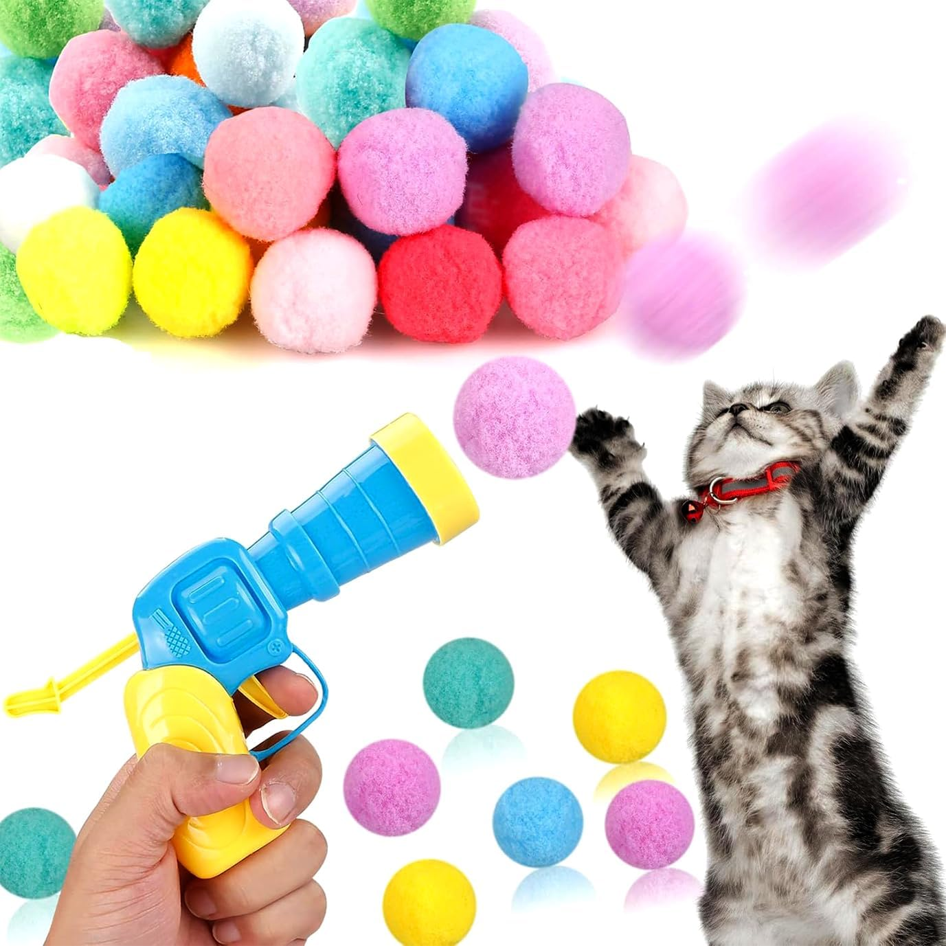 31Pcs Cat Ball Toy Launcher Gun, Cat Balls Fetch Toy, 30Pcs Plush Fuzzy Balls Launcher Cat Toy for Cats with 1 Gun, Funny Interactive Cat Toys for Bored Indoor Adult Cats, Cute Kitten Kitty Toys image number 1