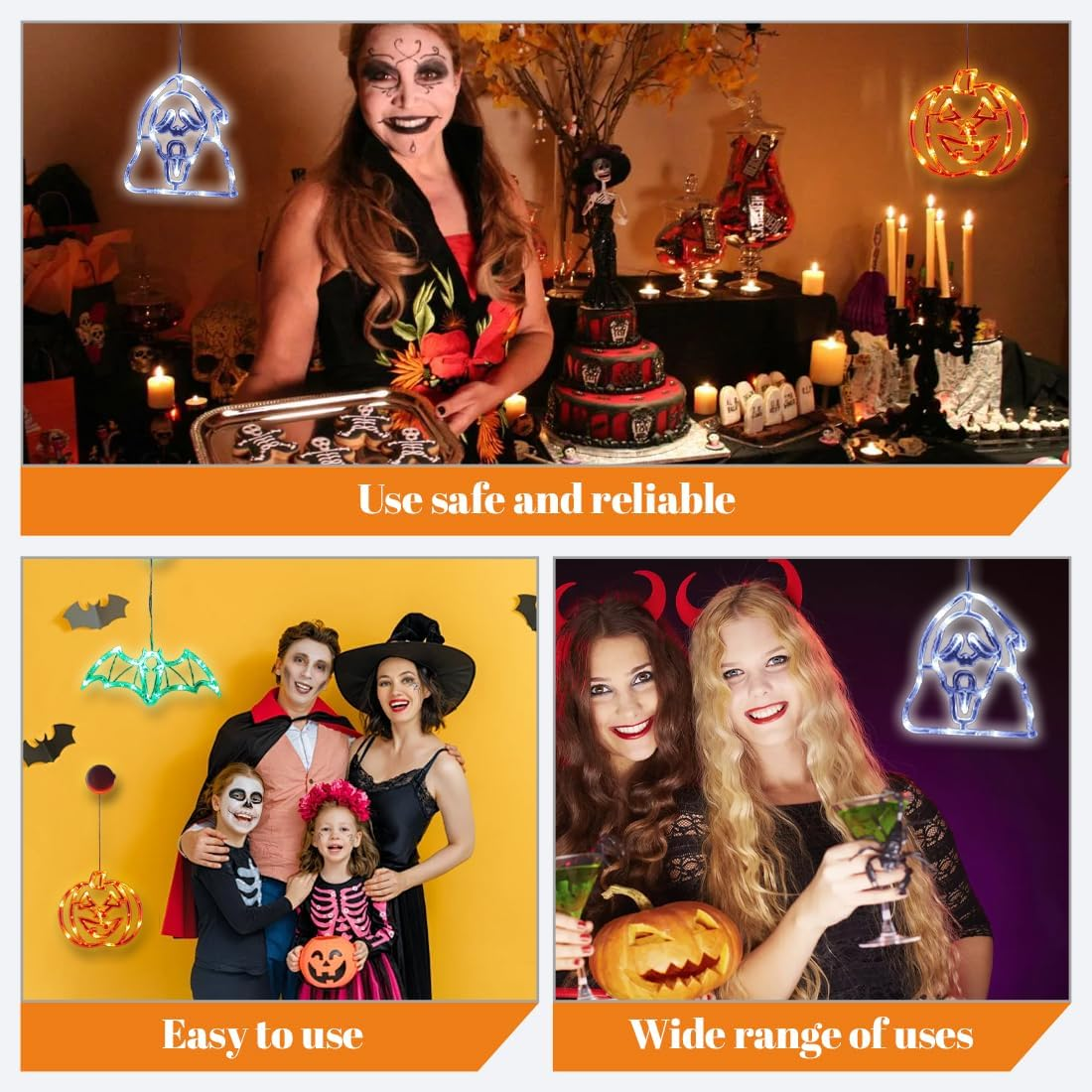 3 Pcs Halloween Window Lights with Suction Cup, Battery Operated Indoor Lighting, Halloween Decorations (Orange, Green, White)