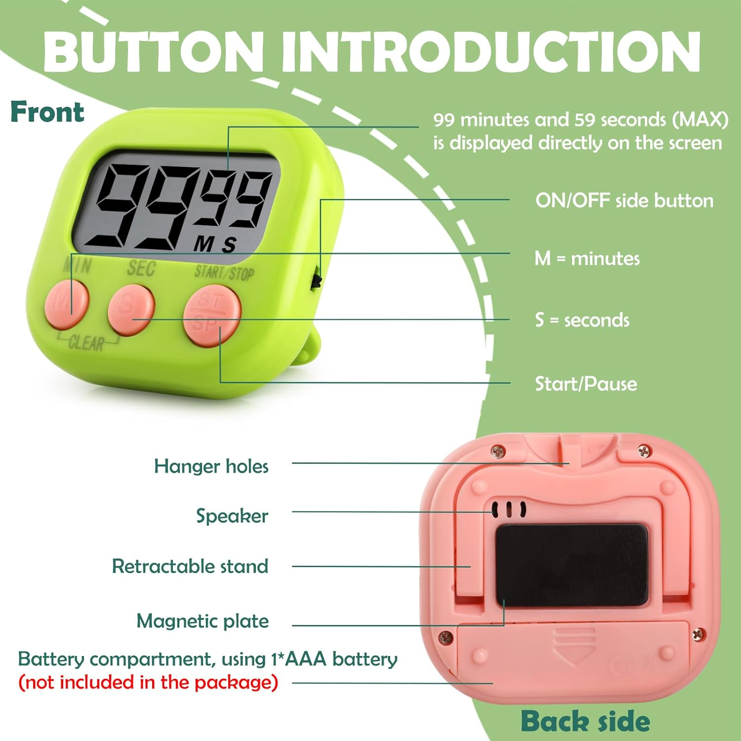 4Pcs Kitchen Timer Digital, Geeric 99 Min Visual Timer for Kids +2 Sticker Coloful Stand/Back Magnetic Silent Clock Time Management Assistant Desk Visual Clock for Cooking, Classroom, Office image number 2