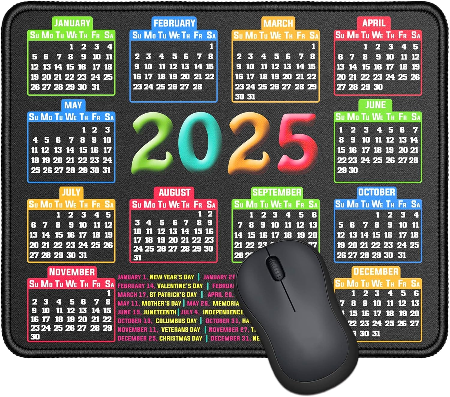 RMYMPMYX Mouse Pad with Stitched Edge, Computer Mouse Pad with Non-Slip Rubber Base, Mouse Pads for Computers Laptop Mouse 9.6X7.9X0.1 Inch, (2025 Calendar Black)