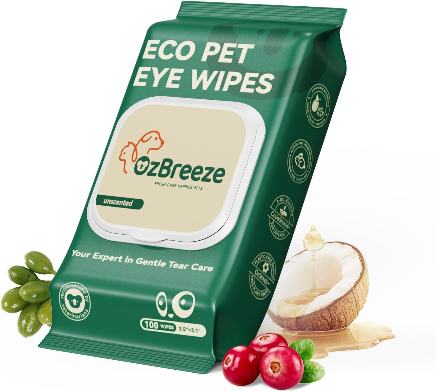 Ozbreeze Pet Eye Wipes &ndash; 100 Count Unscented Tear Stain Remover | Natural Coconut Oil, Kakadu Plum, Cranberry, Provitamin B5 Formula | Gentle Eye Cleaning Pads for Discharge, Mucus & Saliva Stains image number 6