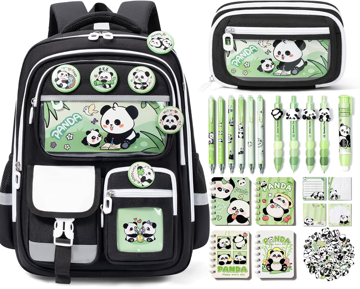 Fimibuke Kids School Backpack for Girls Boys, Cute Toddler Backpack School Supplies with Bookbag Pencil Pouch Stationery Set, Panda, Large