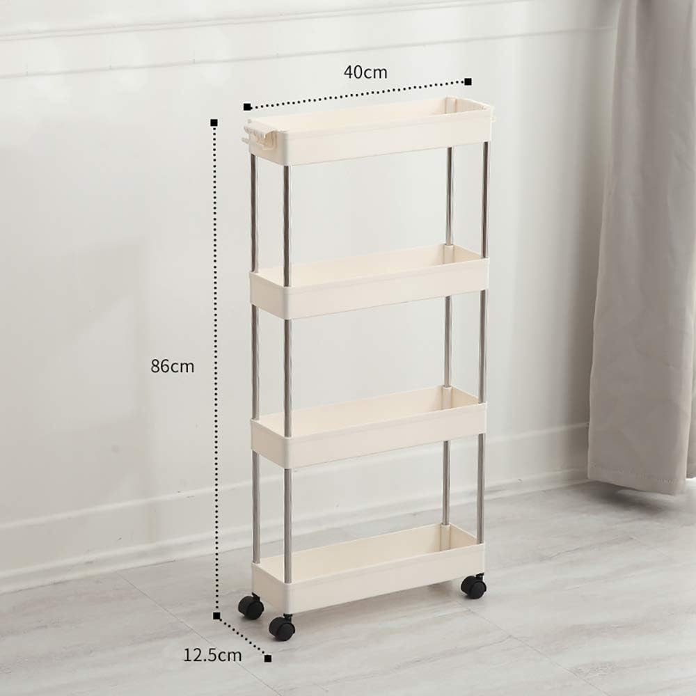 Storage Cart 4 Tiers Unit Shelf Rack with Wheels Slim Cart Tower Organizer for Kitchen Plastic & Stainless Steel White image number 6