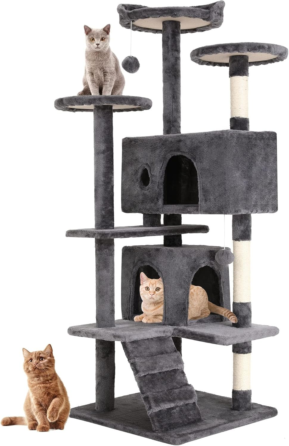 ZERIFAM 130Cm Cat Tree, Large Cat Tower Condo for Indoor Cats with Sisal Scratching Post, Soft Plush Multi-Level Climbing Tree Cat House with Climbing Ladder and Pompoms image number 2
