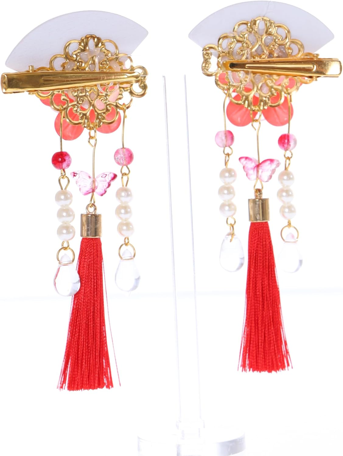 C-118-2 Red Fan Shape Sakura Cherry Blossom Tassels Hair Clip Hair Clip Hair Clip Japanese Geisha Kimono China Hanfu Accessory image number 3