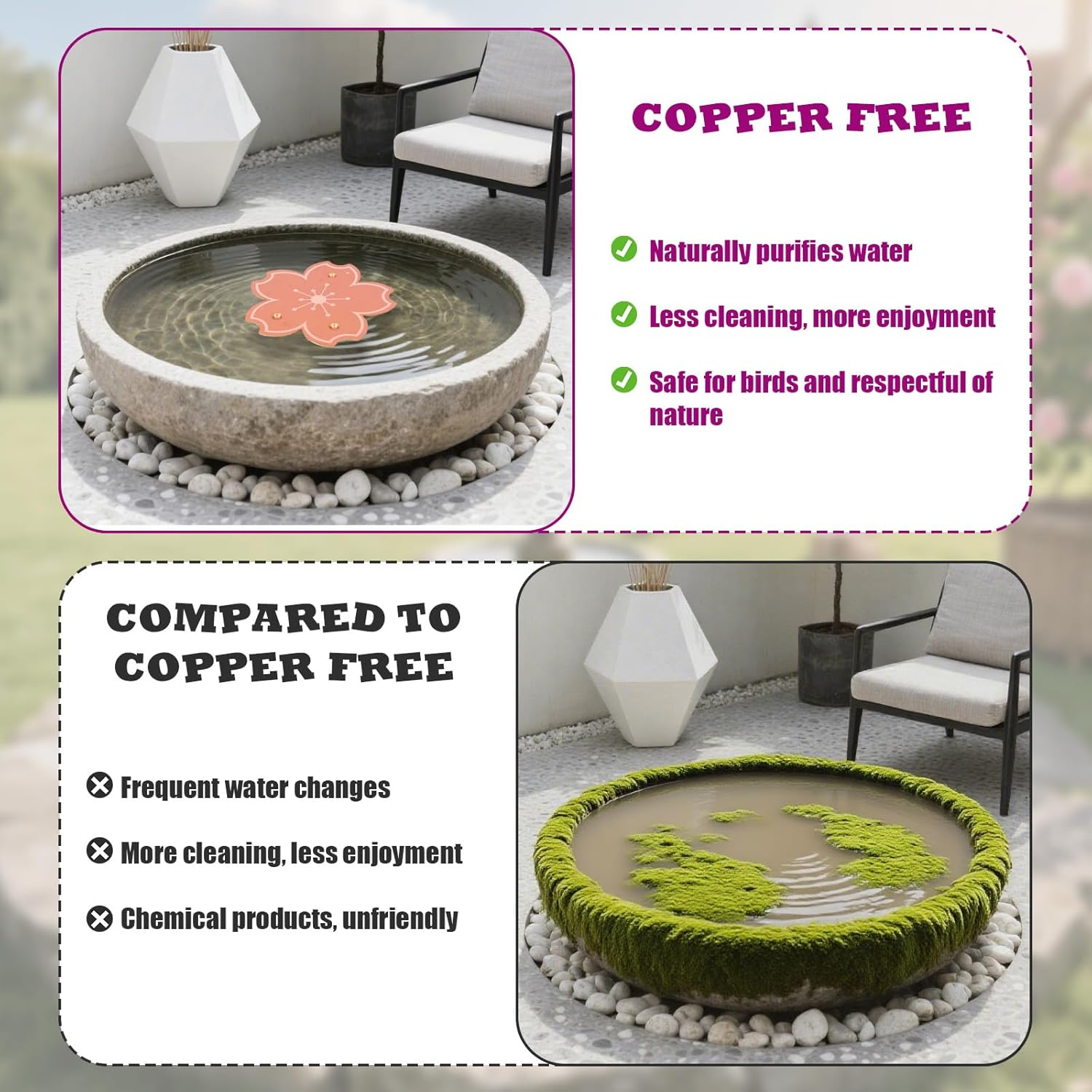 Penitue Copper Bird Bath Disk, 3.94In Flower Shape Triple-Point Support Bird Bath Purification Disc Birdbath Cleaner for All-Season Safe Water Purifier for Outdoor Bowls image number 1