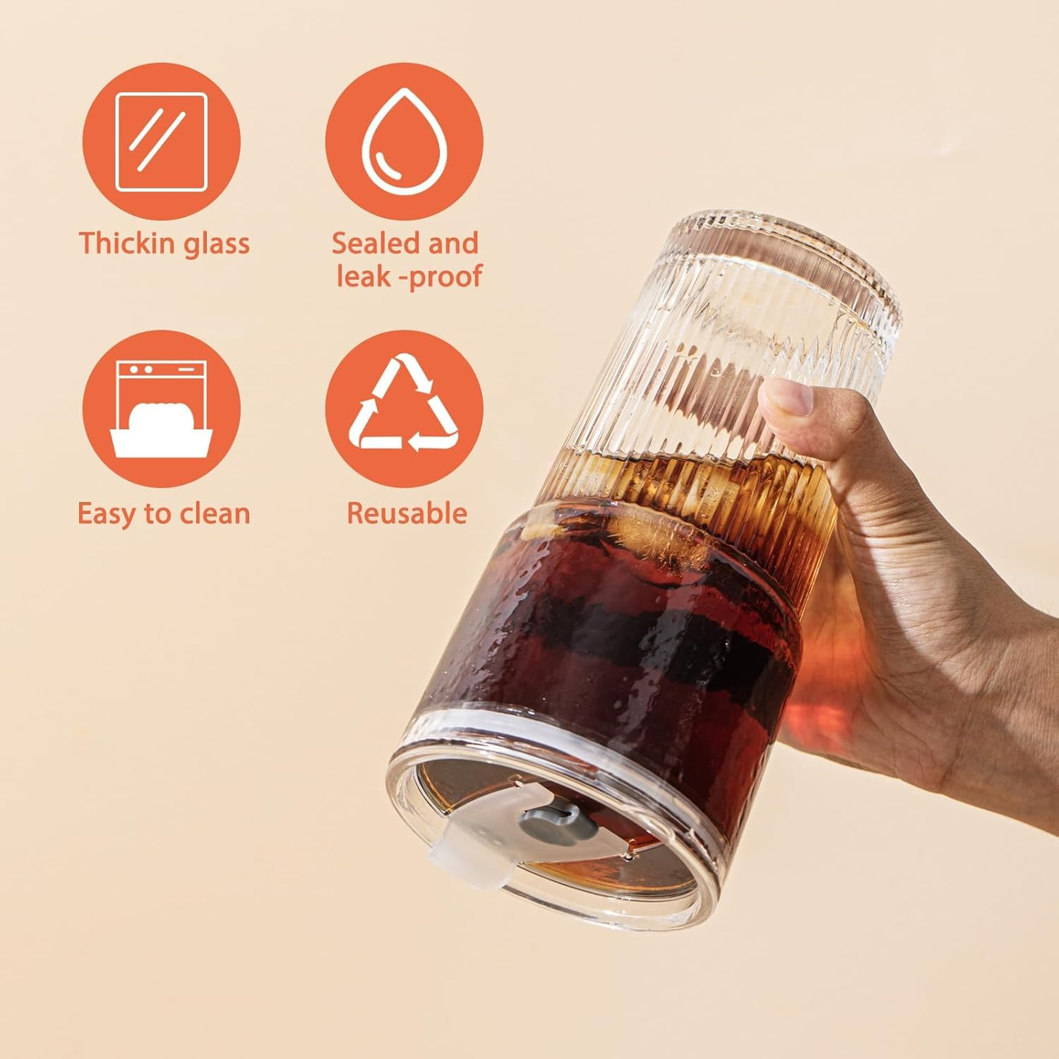 600Ml Glass Drinking Cups with Lids and Straws, Set of 2, Stylish Ribbed Design Drinking Glasses for Iced Coffee, Cold Beverages (2)