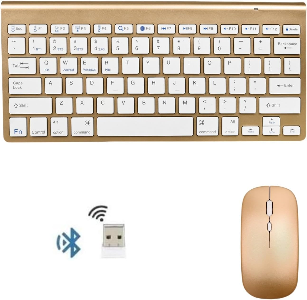 Bluetooth Keyboard and Mouse Set for Mac, Wireless Bluetooth Dual-Mode Office Keyboard and Mouse Combo, 2.4G Ultra-Thin Compact Quiet, for Windows, Computer, Desktop, PC, Notebook, Laptop (Gold)