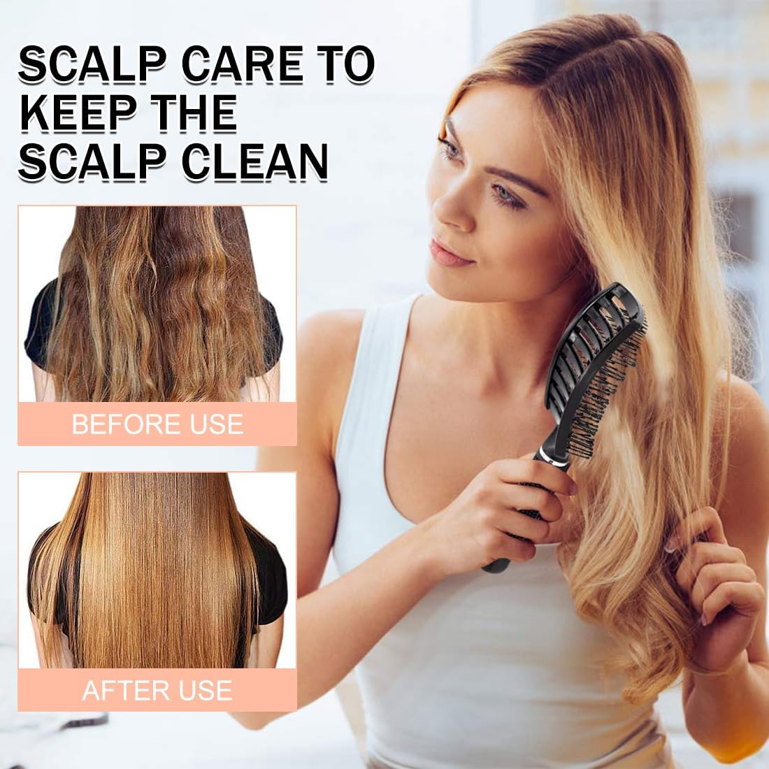 Hair Brush without Pulling, Boar Bristles Hair Brush, Boar Bristles Hair Styling Brush for Long Fine Thick Curly Hair (Pack of 2, Black and White) image number 4