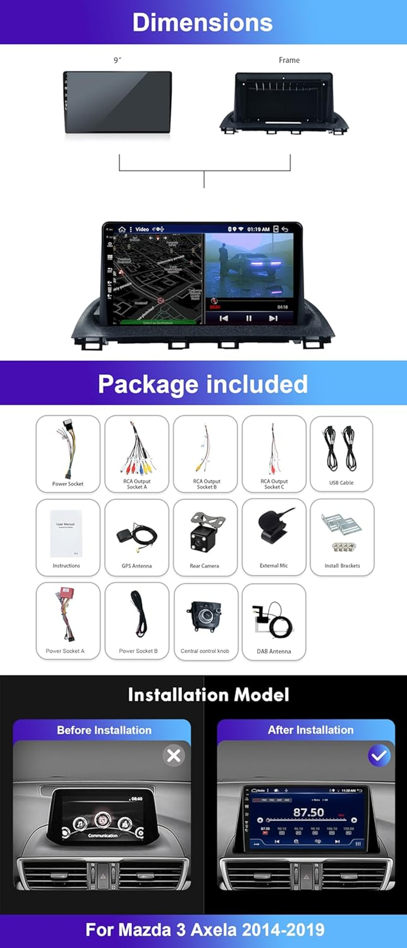 MISONDA 6G+128G Car Radio Stereo Player for Mazda 3 Axela 2014-2019 Built in DAB+/4G/HDMI Wifi IPS 9Inch Touch Screen GPS Navigation Head Unit Double Din Android 15 image number 6