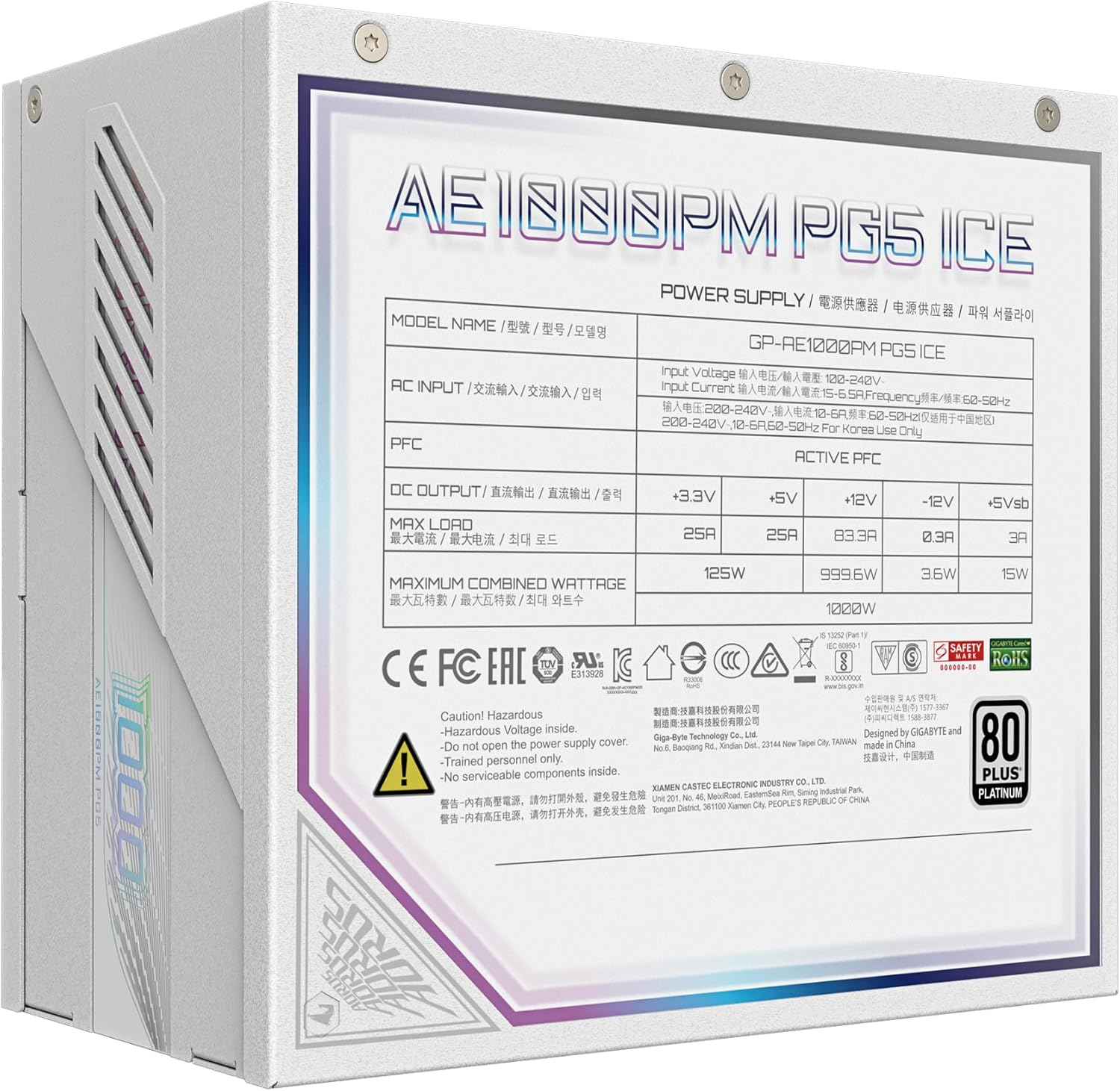 GIGABYTE AORUS Elite P1000W Ice Power Supply - Pcie 5.0, 80 plus Platinum, Fully Modular Design, 120Mm Fan, ATX 3.0 Compatible, EU Plug image number 4