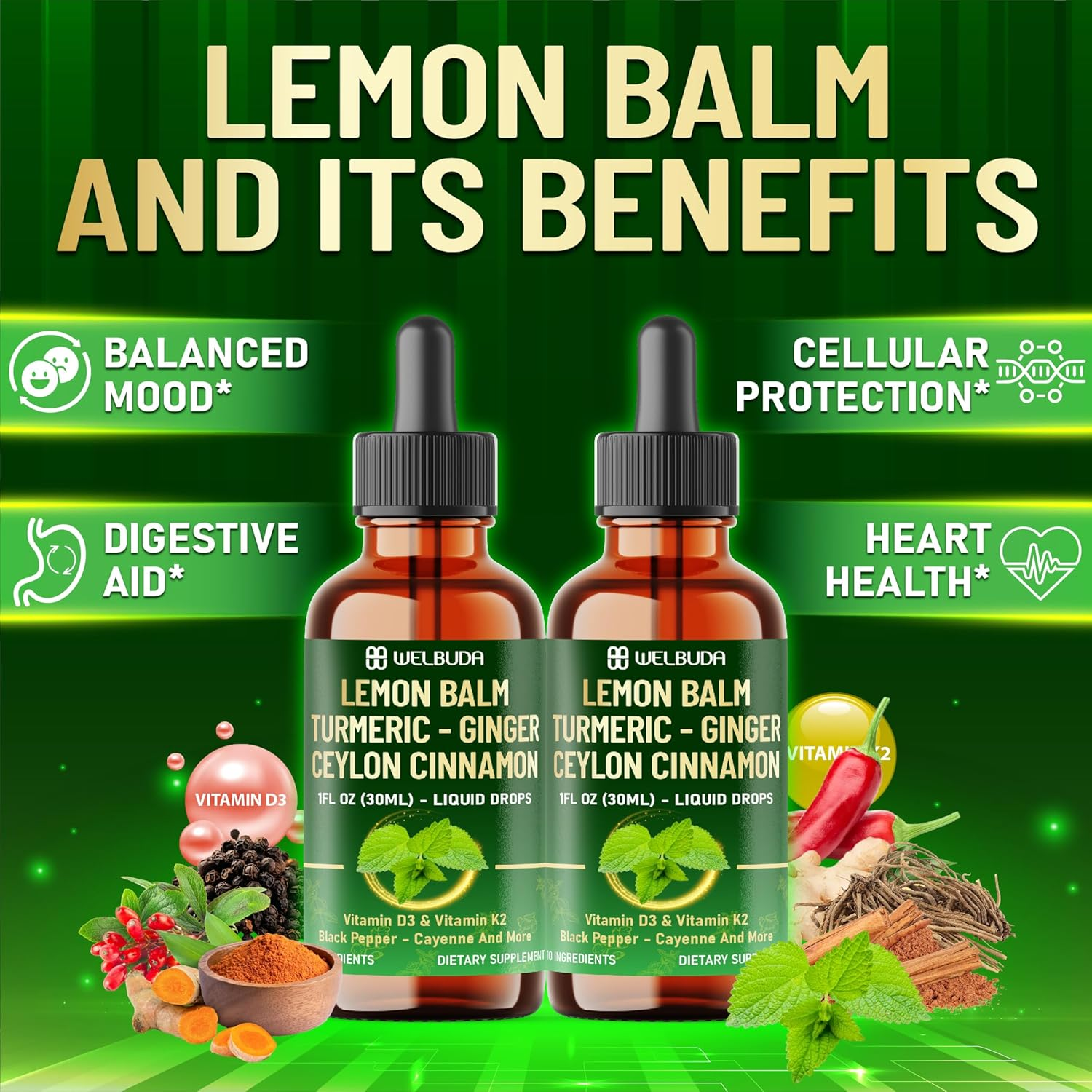 10In1 Lemon Balm Liquid Drops Blend Includes Lemon Balm, Ginger, Turmeric, Ceylon Cinnamon, Black Pepper, Cayenne Pepper, Berberine - Support Digestion, Mood - 1 FL Oz - 2 Month Supply image number 3