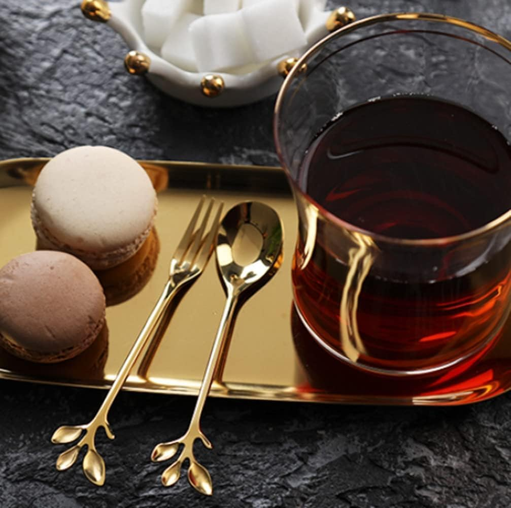 12Pcs Gold Leaf Coffee Spoon, Betterjonny Spoons and Fork Fruit Forks Stainless Steel Mini Creative Tableware for Sugar Cake Ice Cream Tea Stirring Tea image number 1