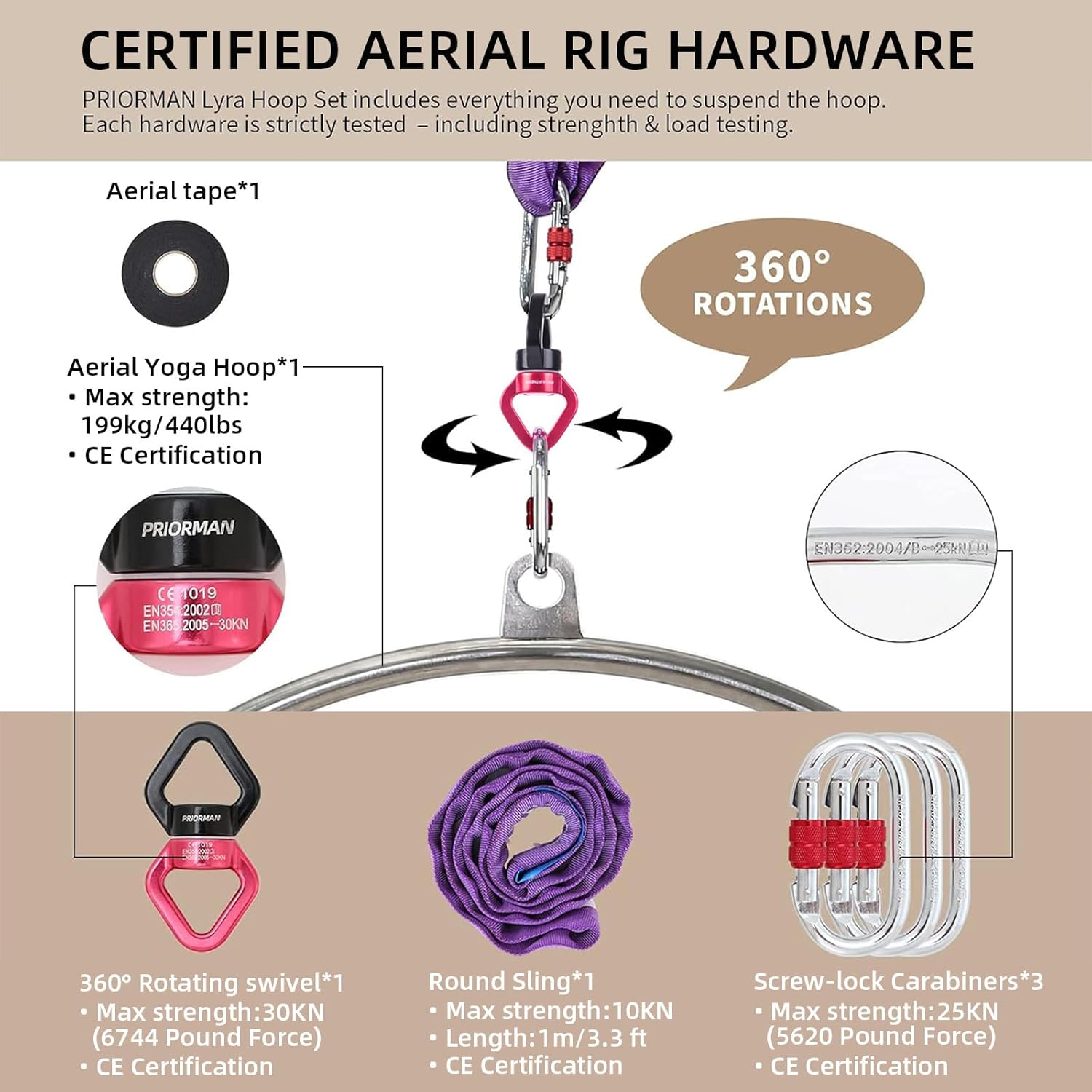 PRIORMAN Lyra Hoop Aerial Hoop Set with Rigging Hardware Single Stainless Steel Hoop Circus Hoop Great for Dancing Studio, Aerial Fitness image number 4