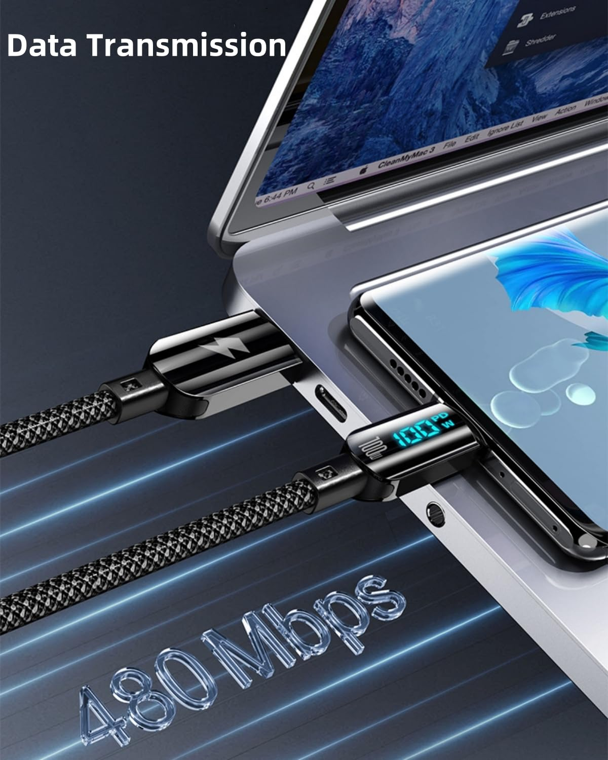 FOSION USB C Cable 100W，2-Pack 4FT USB a to C Cable Fast Charging Cable with LED Display, 480Mbps High-Speed Transfer Nylon Braided USB Type C Cable for Iphone 15 Pro Max Plus, Galaxy S24 23 S22