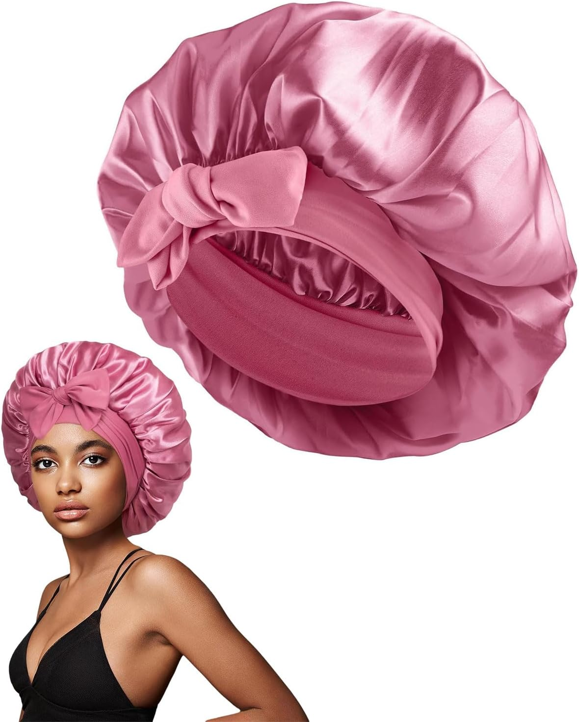 JUKOTA Silk Sleep Hat for Women Double Layer Satin Lined Bonnet with Tie for Curly Hair image number 2