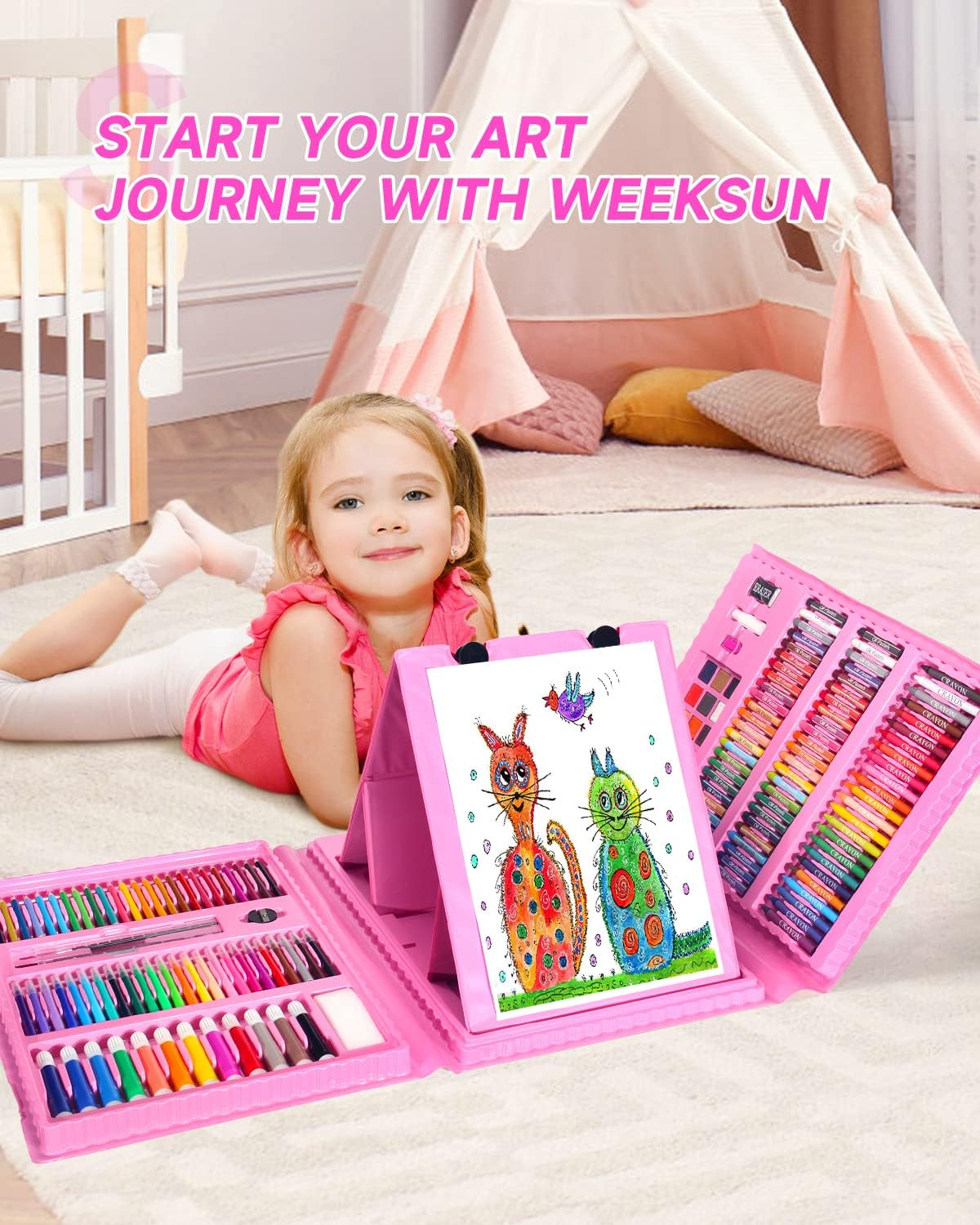 240 Pcs Art Set, Art Kit Drawing Kit for Kids Girls Boys,Double Sided Trifold Easel, Oil Pastels, Colored Pencils, Sketch Pencils, Watercolor Cake, Etc, Art Supplies Kids Teens Adults Artists image number 2