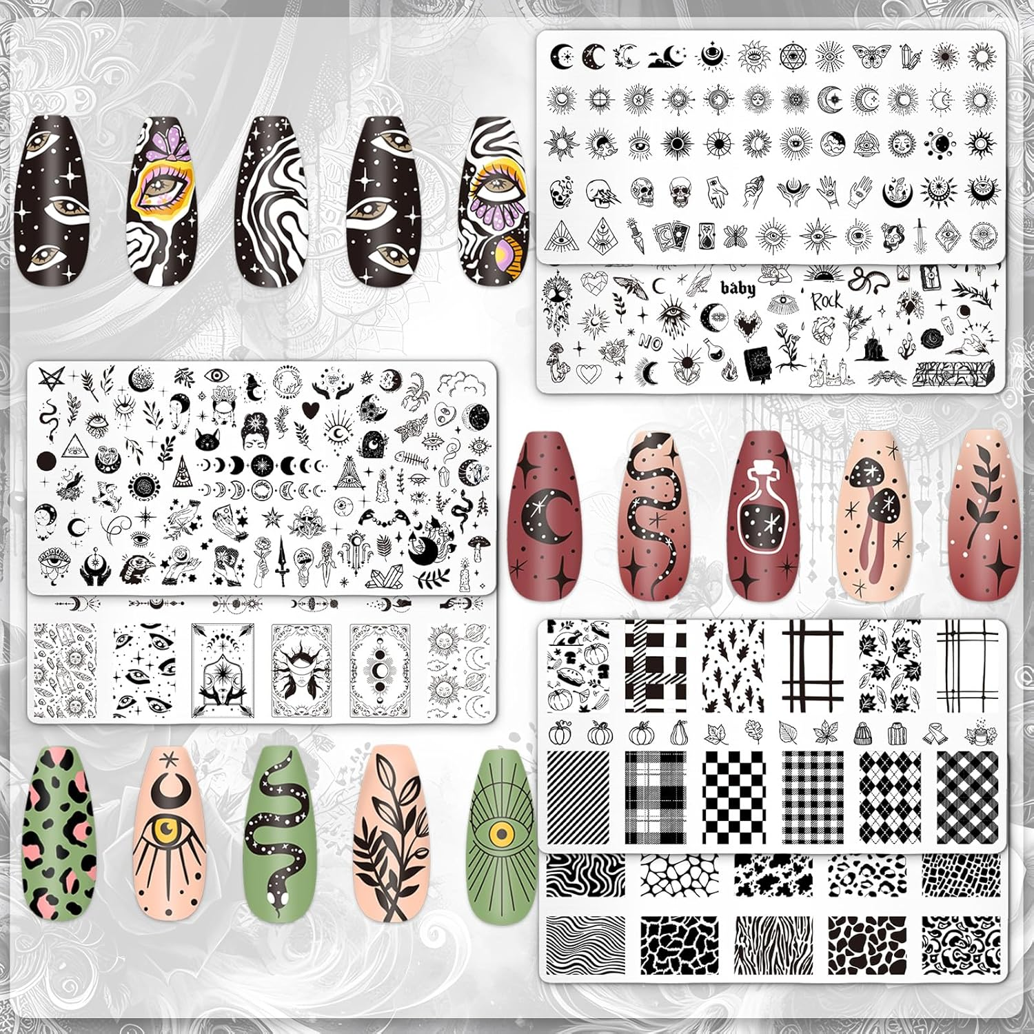 Whaline 6Pcs Gothic Nail Plates Stamping Set Skull Evil Eye Moon Stamp Templates Halloween Nail Art Plates for DIY Print Manicure Salon Design
