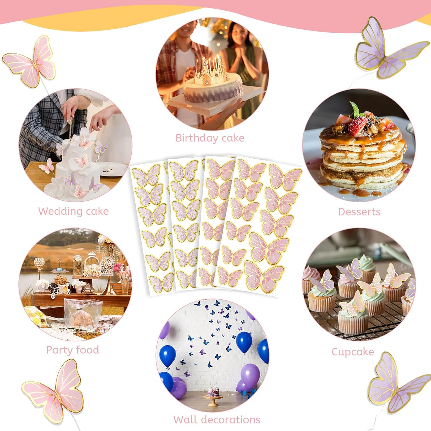 88Pcs Butterfly Cake Toppers, 5Pcs Gold Acrylic Happy Birthday Cake Toppers, Mixed Size 3D Butterfly Cake Decorations for Cupcake Wedding Birthday Party Decor (Purple & Pink)