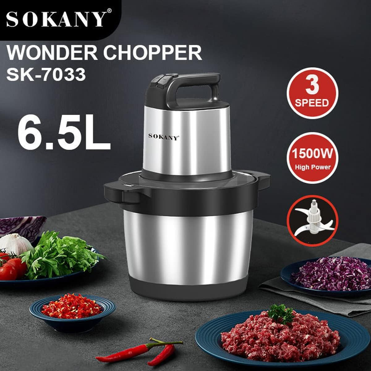 SOKANY 1500 W Electric Kitchen Chopper with 6.5 L Stainless Steel Bowl, Multi Chopper with 3 Speed Levels, Meat Grinder with 4 Blades for Meat, Onions, Fruit, Vegetables image number 4