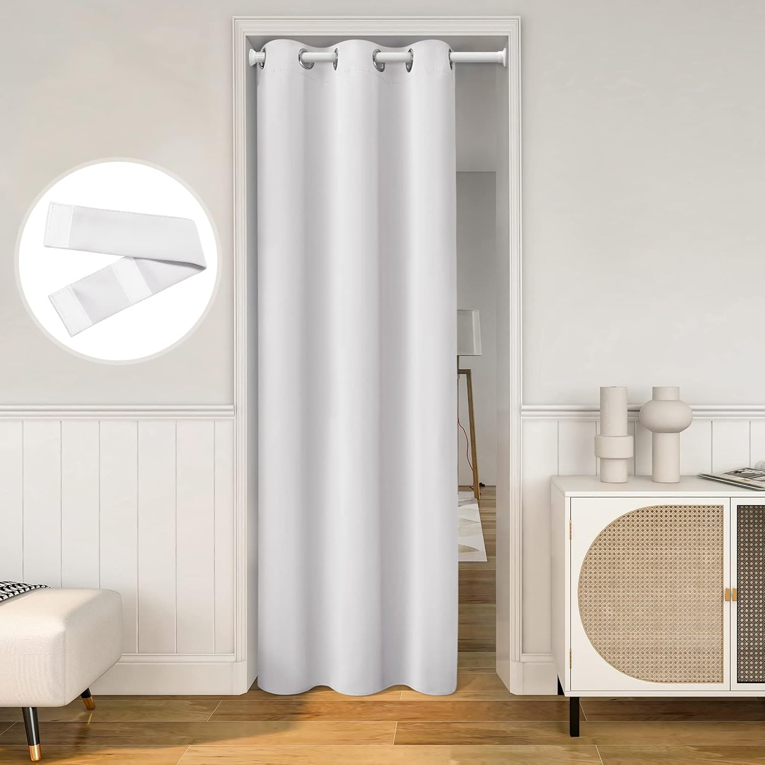 HOMEIDEAS Greyish White Doorway Curtains Privacy, Grommet Closet Curtain for Bedroom, 80 Inches Length Solid Blackout Door Cover Curtains, Tie Back Insulated Window Curtain Drape, 1 Panel image number 4