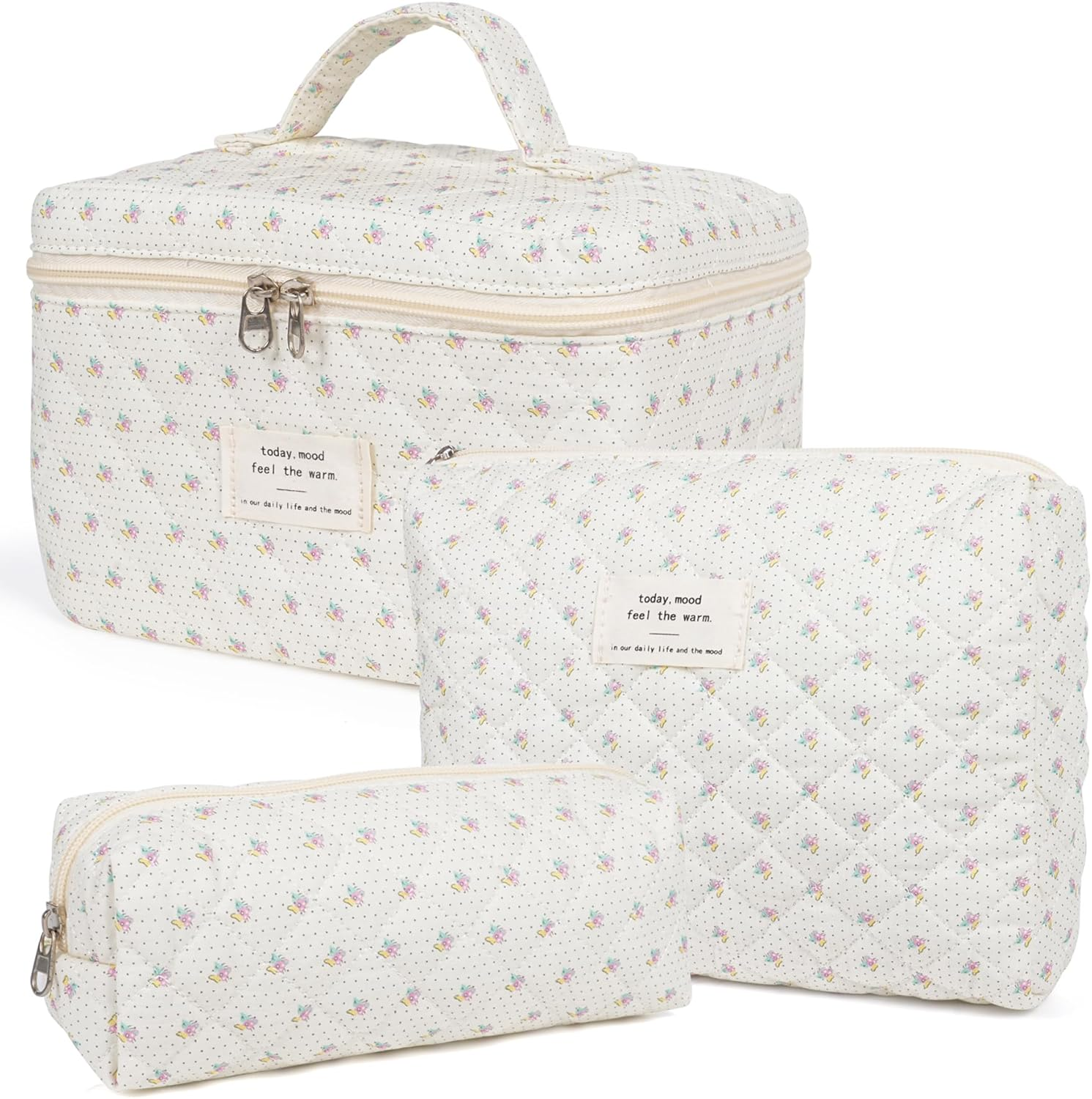 Makeup Bag, Quilted Makeup Bag,Large Floral Cosmetic Bag for Women,Cotton Makeup Bag Set,Flower Travel Toiletry Bag., Cherry, 3PCS - 1Pcs-Blue image number 3