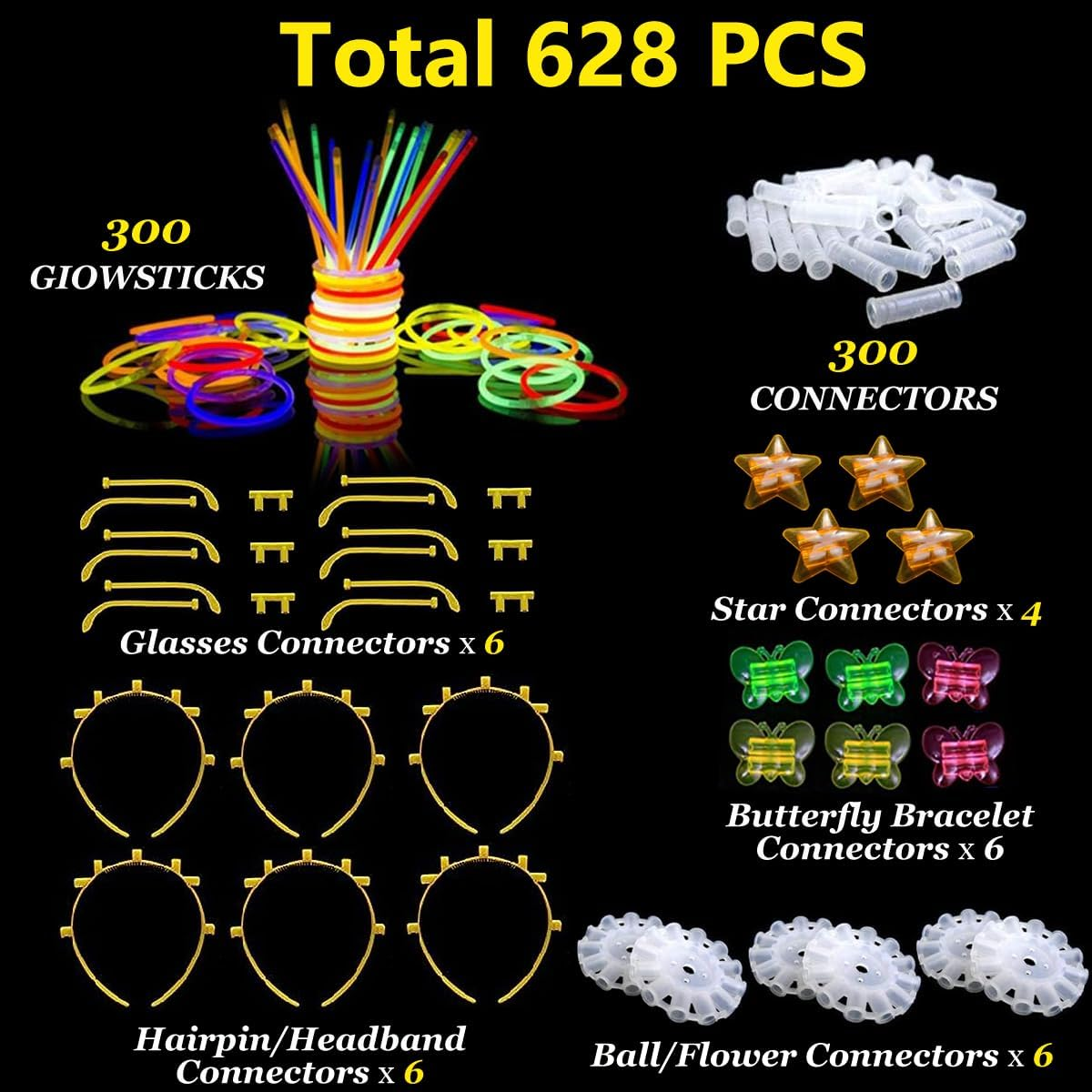 628 PCS Glow Sticks Bulk, 8" Glowsticks with Connectors Bracelets Necklaces Balls Eyeglasses and More for Kid Party Birthday Dark Party Supplies Adults Party Deco Camping Wedding image number 1